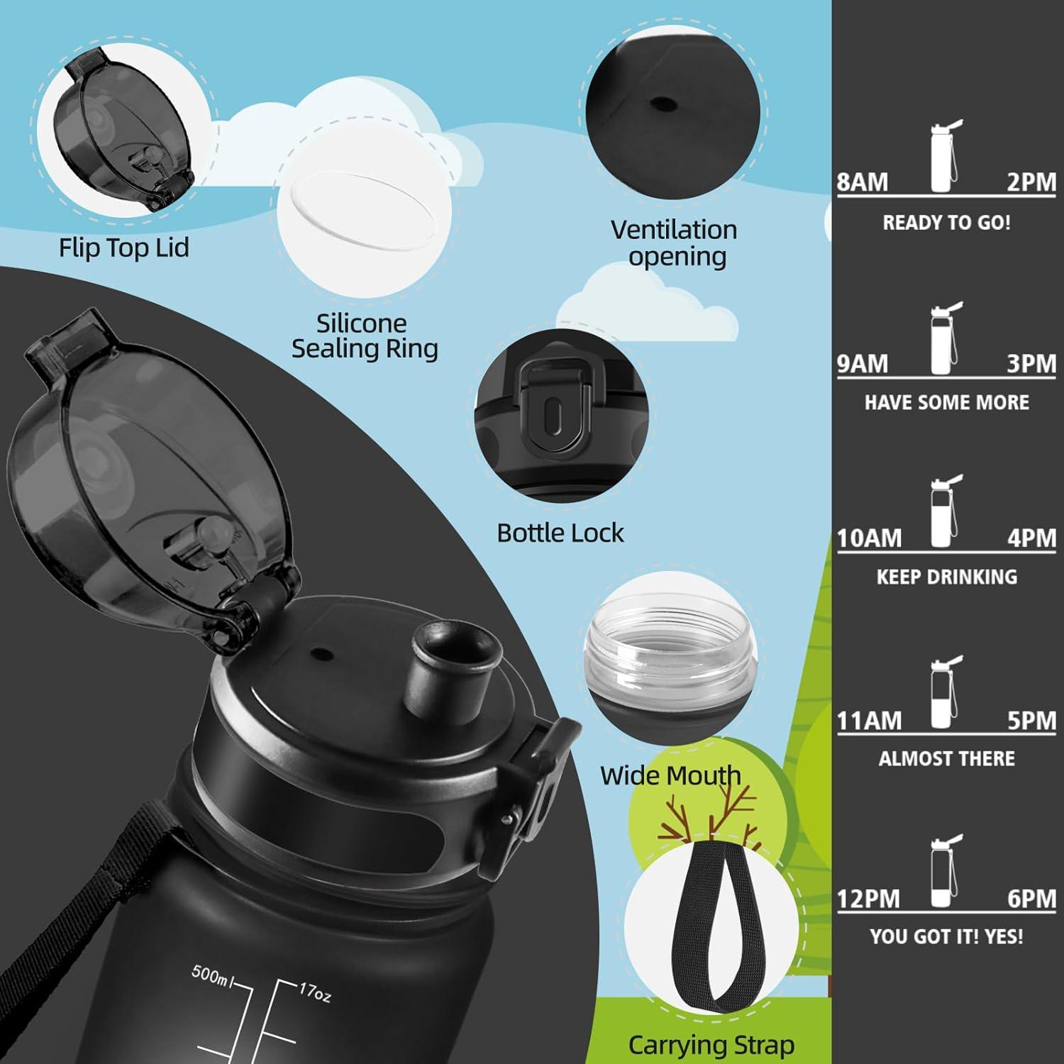 image:imageHoneyHolly Gourde Sport 1500ml tanche ampamp Rutilisable Bouteille Motivation avec Filtre Gourde Bouteille deau Gourdes pour Gym Ecole Cyclisme Plein air SportNoir0 5l