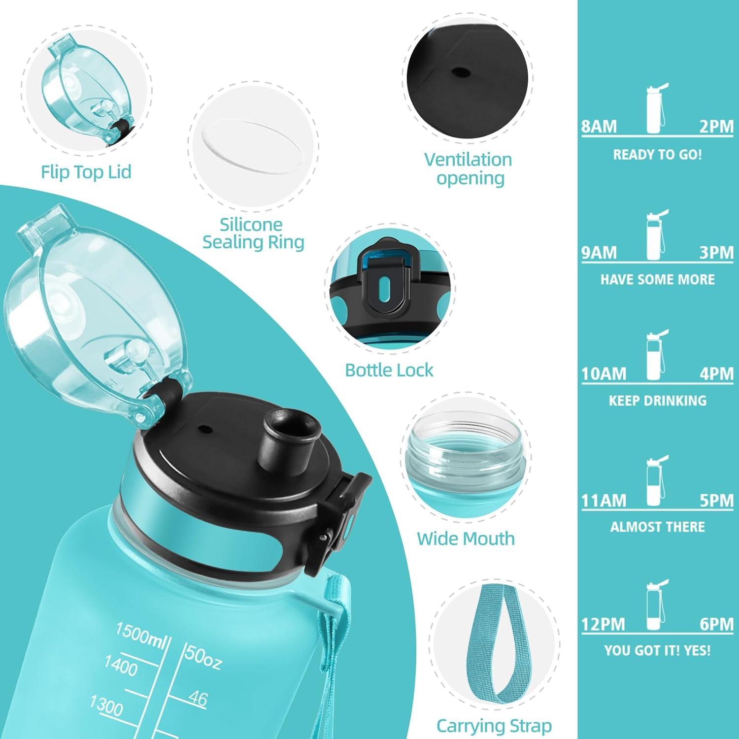 image:imageHoneyHolly Gourde Sport 1500ml tanche ampamp Rutilisable Bouteille Motivation avec Filtre Gourde Bouteille deau Gourdes pour Gym Ecole Cyclisme Plein air SportVert Poudre1 5 L