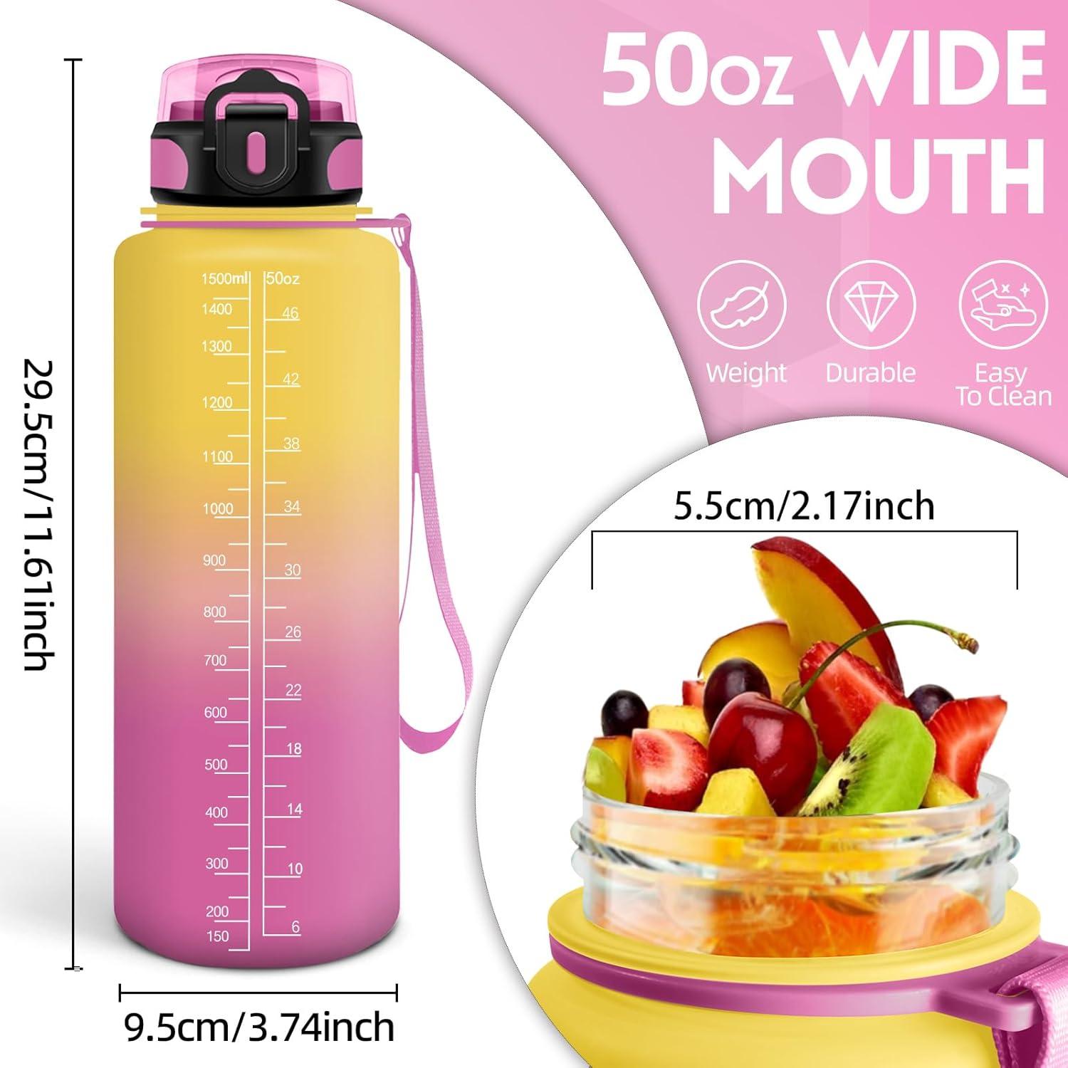 image:imageHoneyHolly Gourde Sport 1500ml tanche ampamp Rutilisable Bouteille Motivation avec Filtre Gourde Bouteille deau Gourdes pour Gym Ecole Cyclisme Plein air SportJaune Rose1 5 L