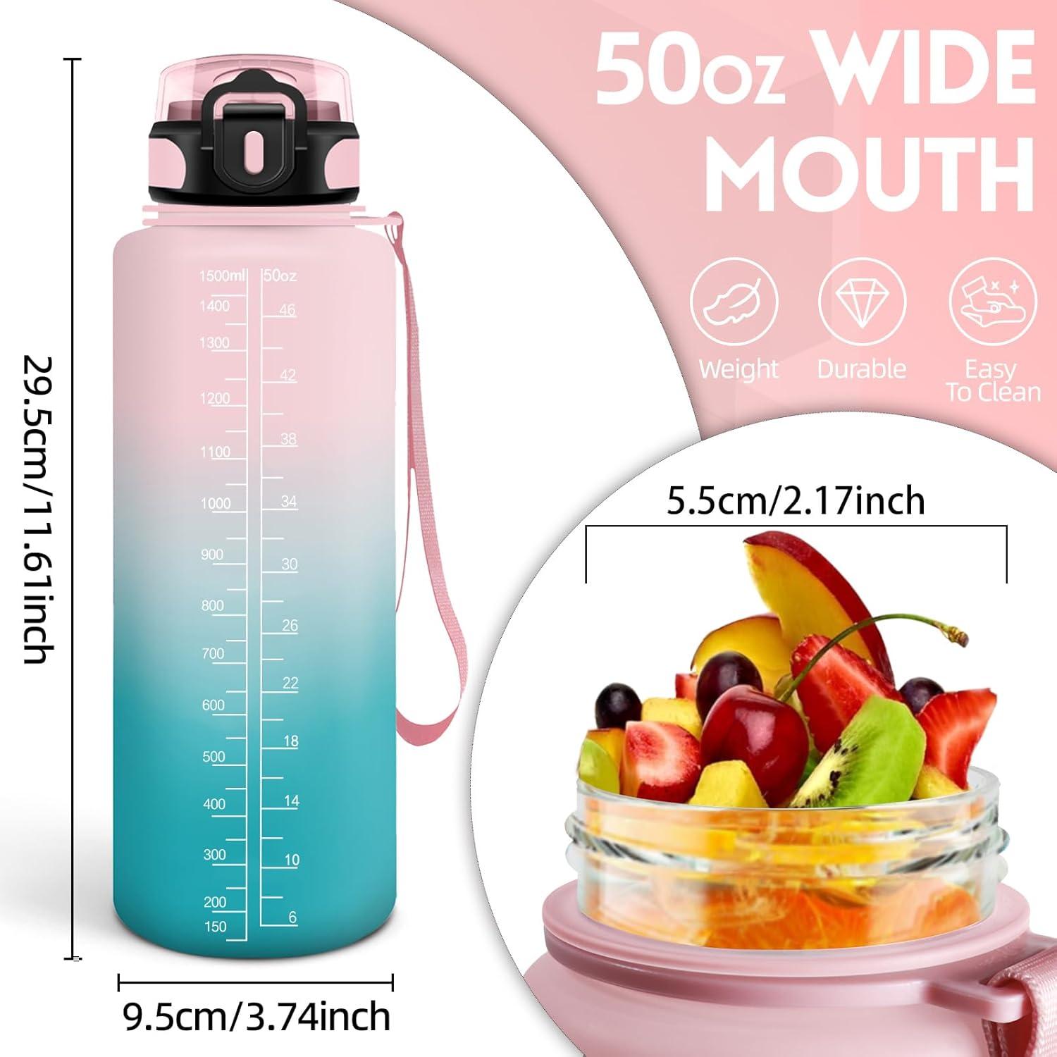 image:imageHoneyHolly Gourde Sport 1500ml tanche ampamp Rutilisable Bouteille Motivation avec Filtre Gourde Bouteille deau Gourdes pour Gym Ecole Cyclisme Plein air SportRose Cyan1 5 L