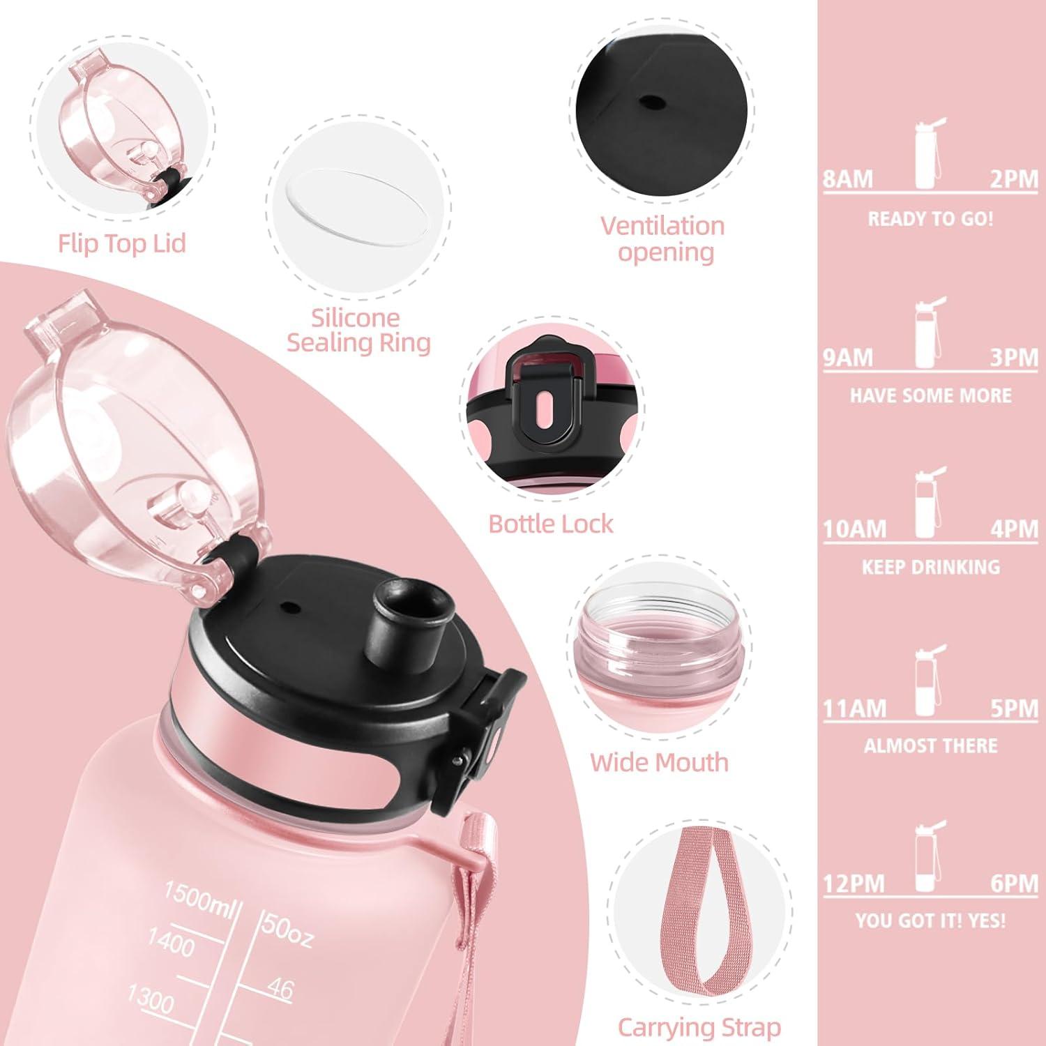 image:imageHoneyHolly Gourde Sport 1500ml tanche ampamp Rutilisable Bouteille Motivation avec Filtre Gourde Bouteille deau Gourdes pour Gym Ecole Cyclisme Plein air SportRose Cyan1 5 L