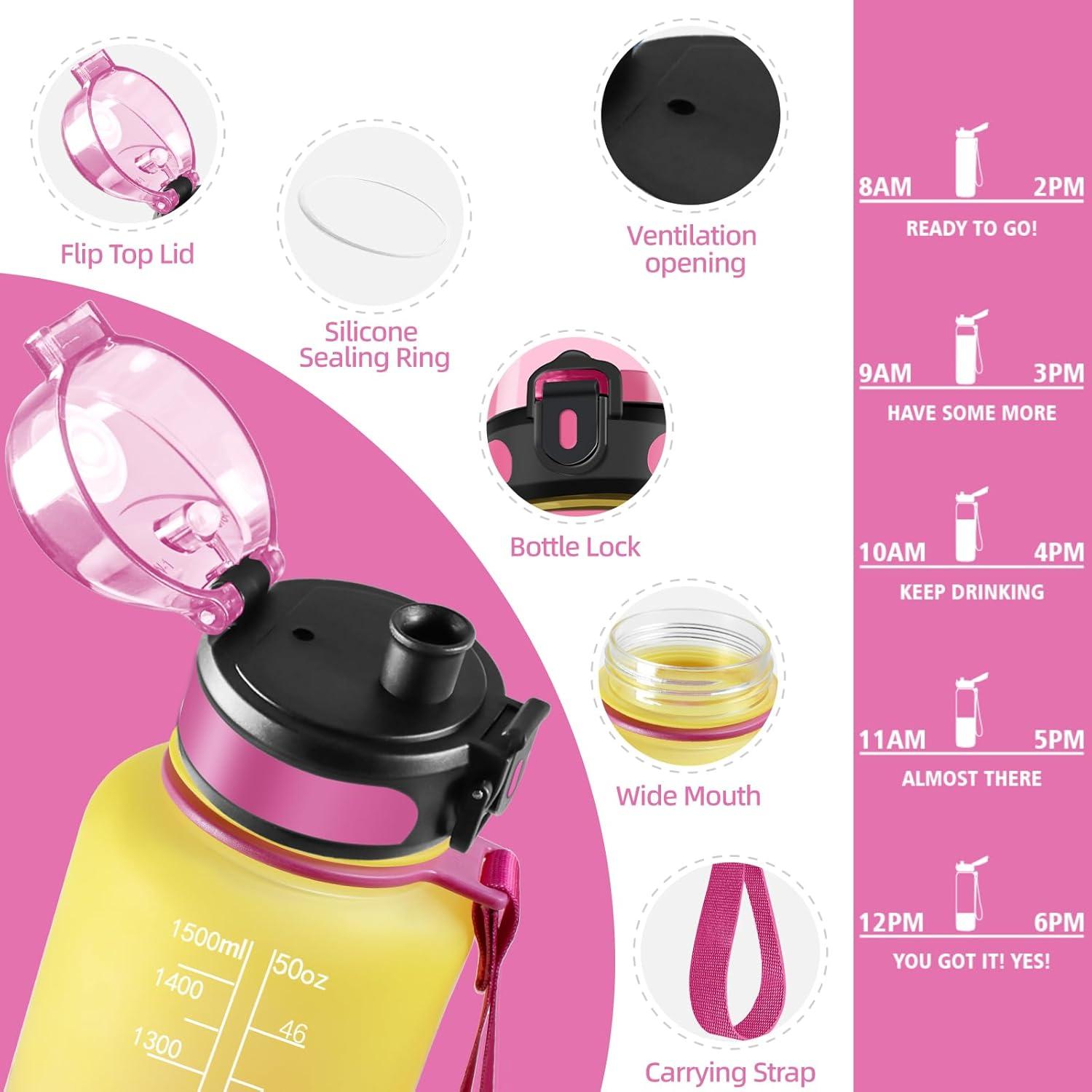 image:imageHoneyHolly Gourde Sport 1500ml tanche ampamp Rutilisable Bouteille Motivation avec Filtre Gourde Bouteille deau Gourdes pour Gym Ecole Cyclisme Plein air SportJaune Rose1 5 L