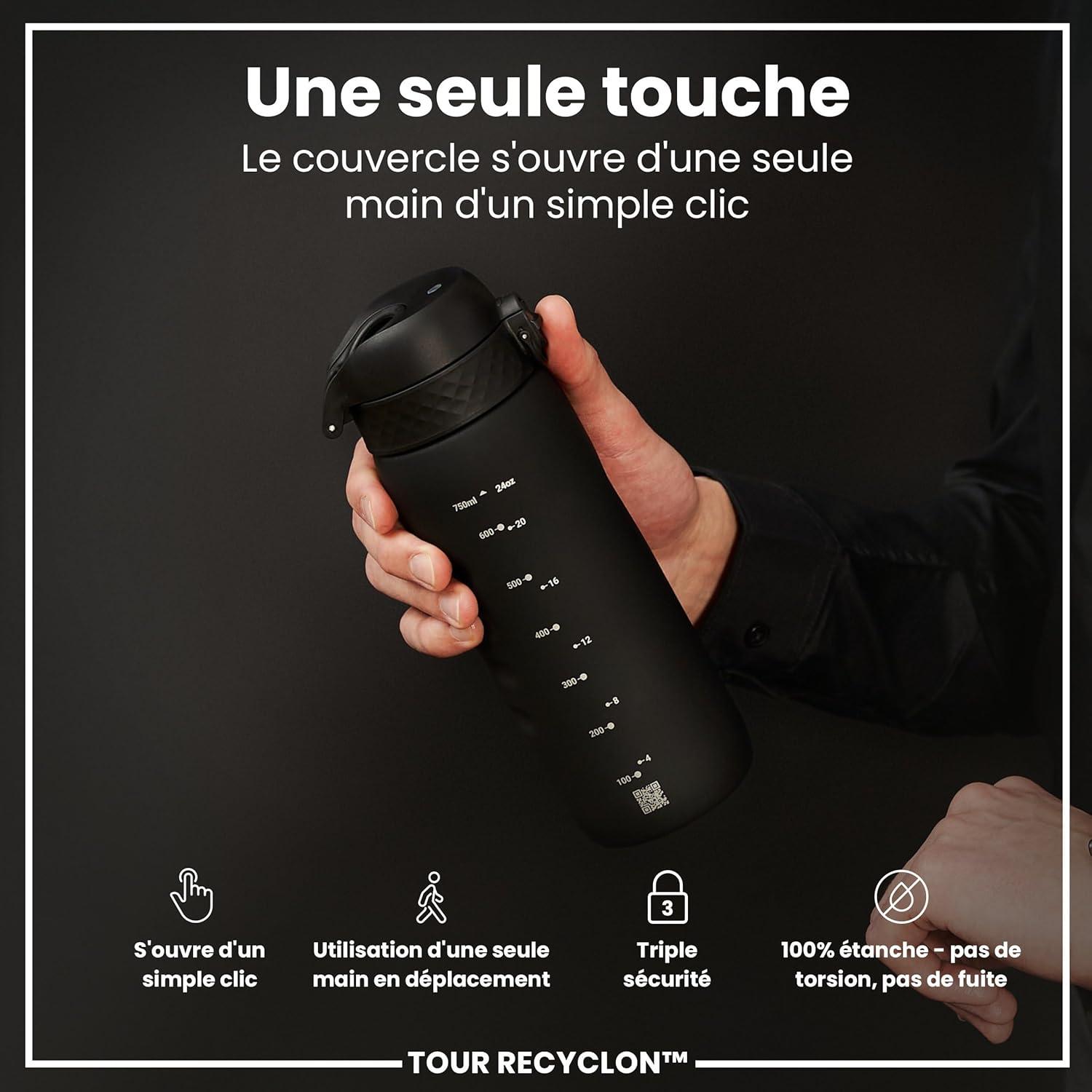 image:imageION8 Gourde 750 ml AntiFuite Sports Facile Ouvrir Verrouillage Scuris Lavable en Lavevaisselle Poigne de Transport Couvercle Rabattable Sans BPA Poigne ProfileNoir