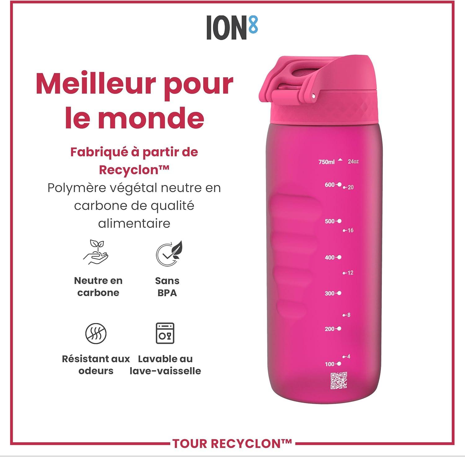 image:imageION8 Gourde 750 ml AntiFuite Sports Facile Ouvrir Verrouillage Scuris Lavable en Lavevaisselle Poigne de Transport Couvercle Rabattable Sans BPA Poigne ProfileRose