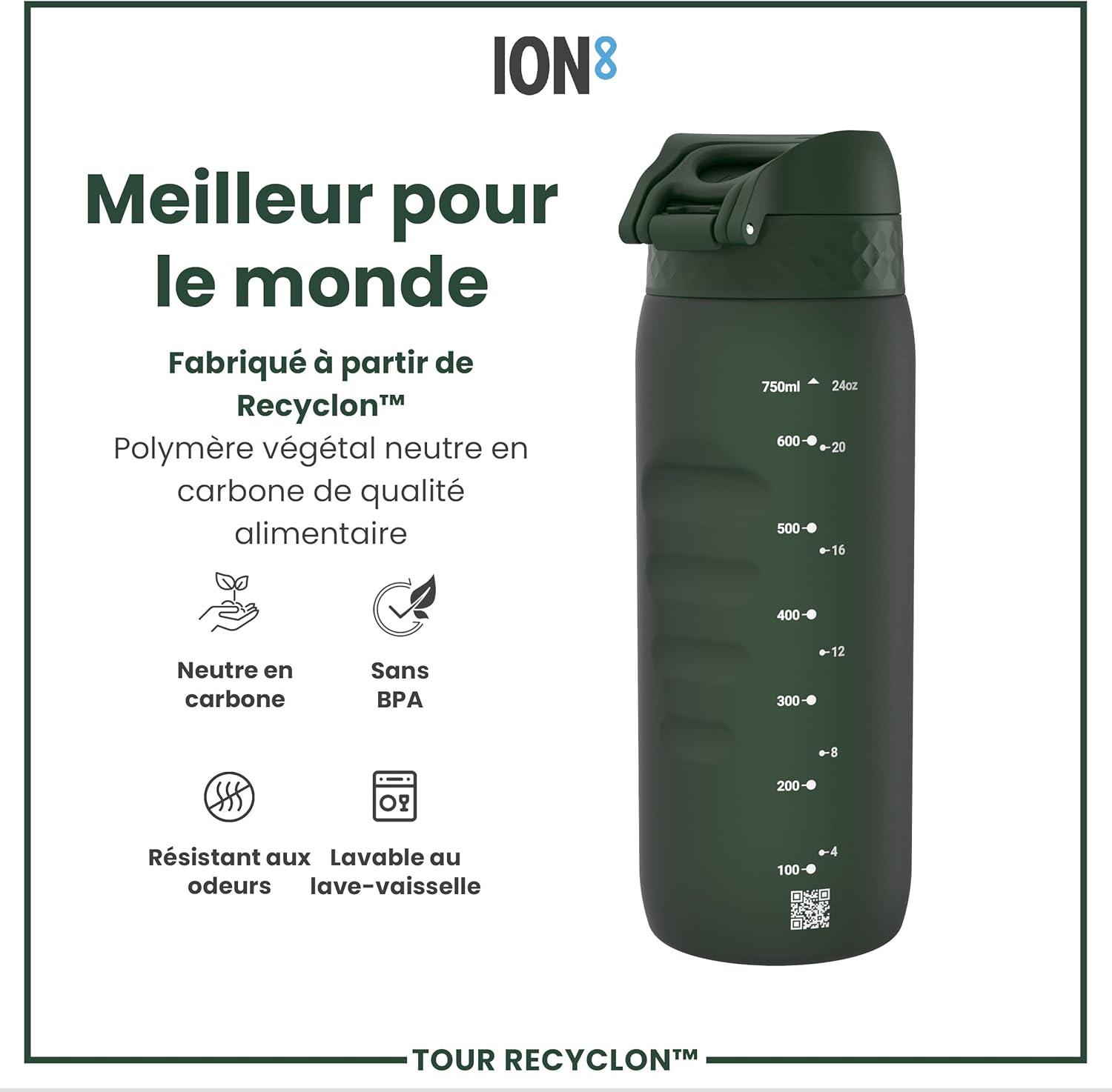 image:imageION8 Gourde 750 ml AntiFuite Sports Facile Ouvrir Verrouillage Scuris Lavable en Lavevaisselle Poigne de Transport Couvercle Rabattable Sans BPA Poigne ProfileVert Fonc