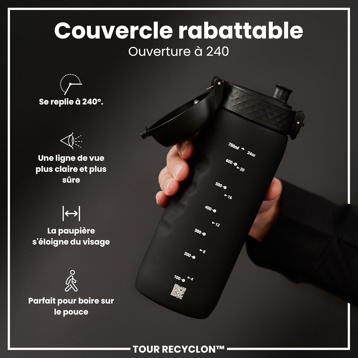 image:imageION8 Gourde 750 ml AntiFuite Sports Facile Ouvrir Verrouillage Scuris Lavable en Lavevaisselle Poigne de Transport Couvercle Rabattable Sans BPA Poigne ProfileNoir