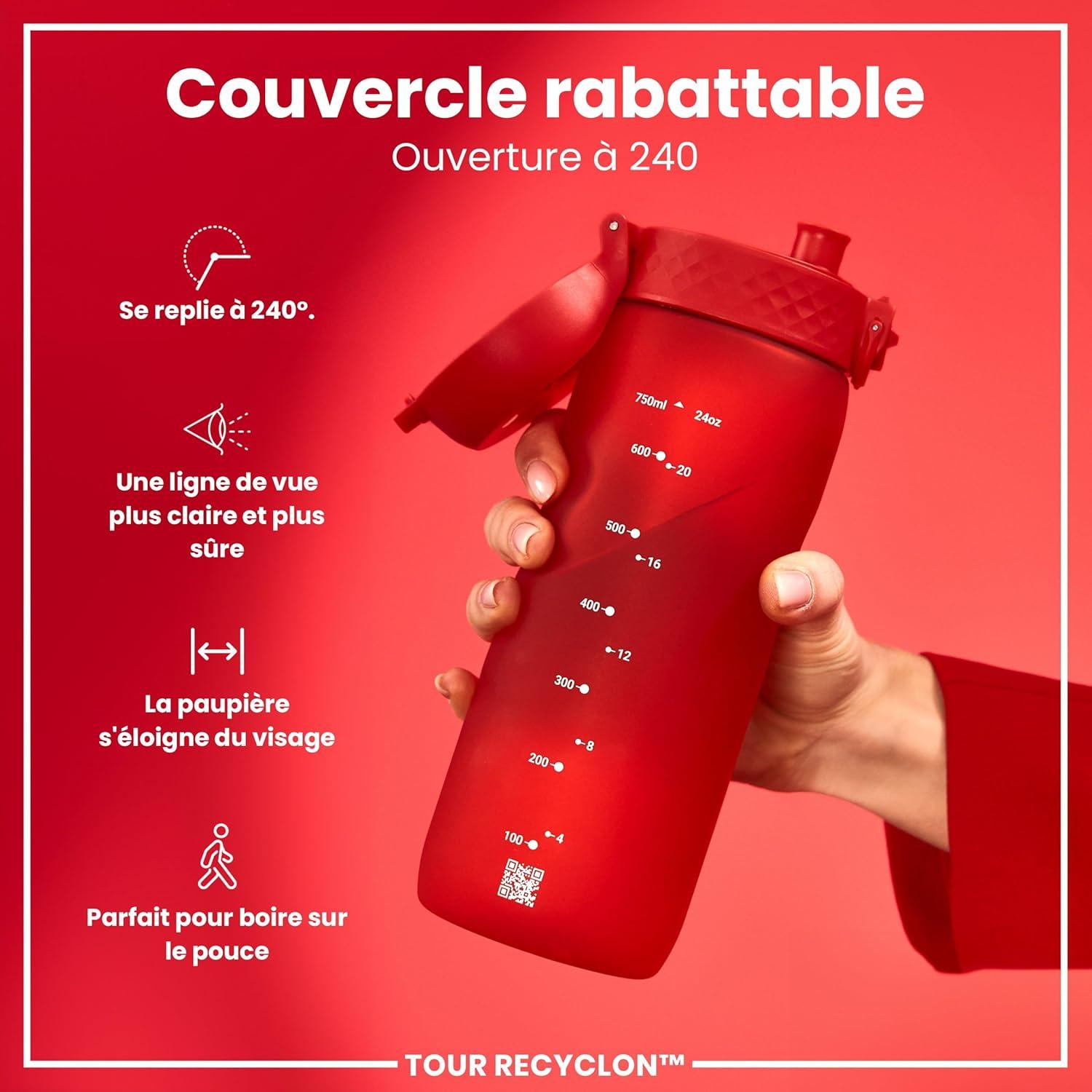 image:imageION8 Gourde 750 ml AntiFuite Sports Facile Ouvrir Verrouillage Scuris Lavable en Lavevaisselle Poigne de Transport Couvercle Rabattable Sans BPA Poigne ProfileRouge