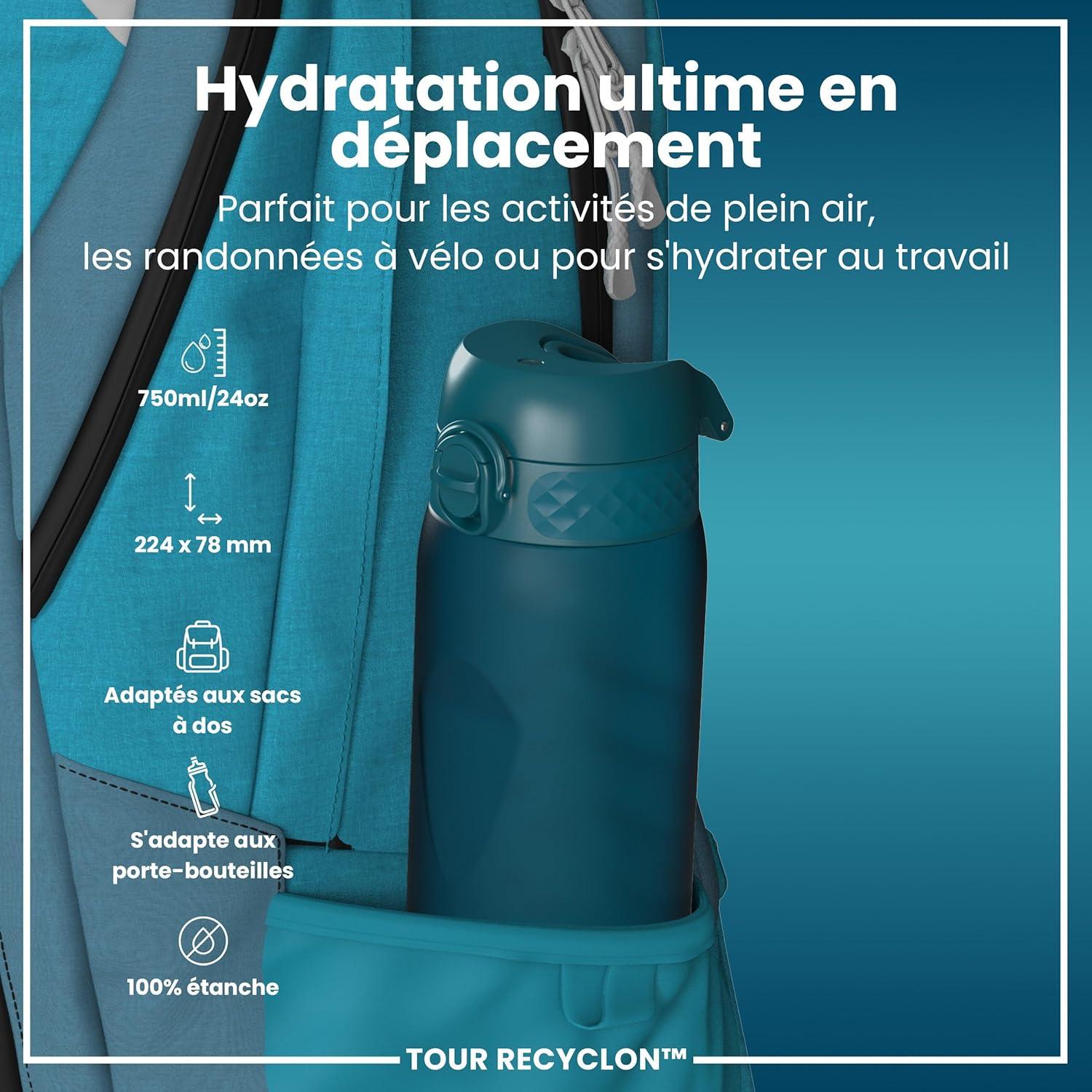 image:imageION8 Gourde 750 ml AntiFuite Sports Facile Ouvrir Verrouillage Scuris Lavable en Lavevaisselle Poigne de Transport Couvercle Rabattable Sans BPA Poigne ProfileSarcelle Profond