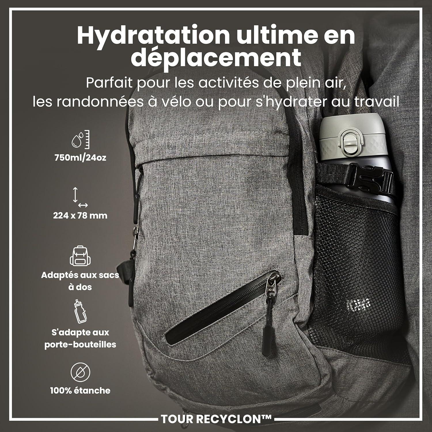 image:imageION8 Gourde 750 ml AntiFuite Sports Facile Ouvrir Verrouillage Scuris Lavable en Lavevaisselle Poigne de Transport Couvercle Rabattable Sans BPA Poigne ProfileGris