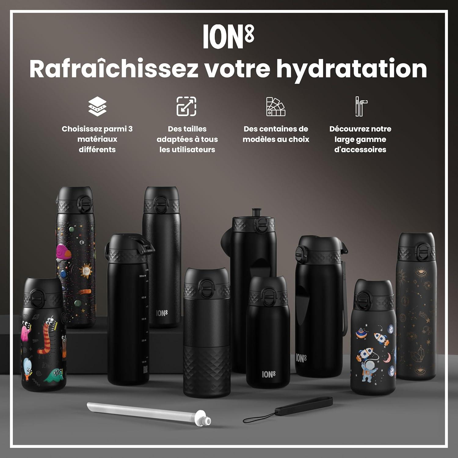 image:imageION8 Gourde 750 ml AntiFuite Sports Facile Ouvrir Verrouillage Scuris Lavable en Lavevaisselle Poigne de Transport Couvercle Rabattable Sans BPA Poigne ProfileNoir