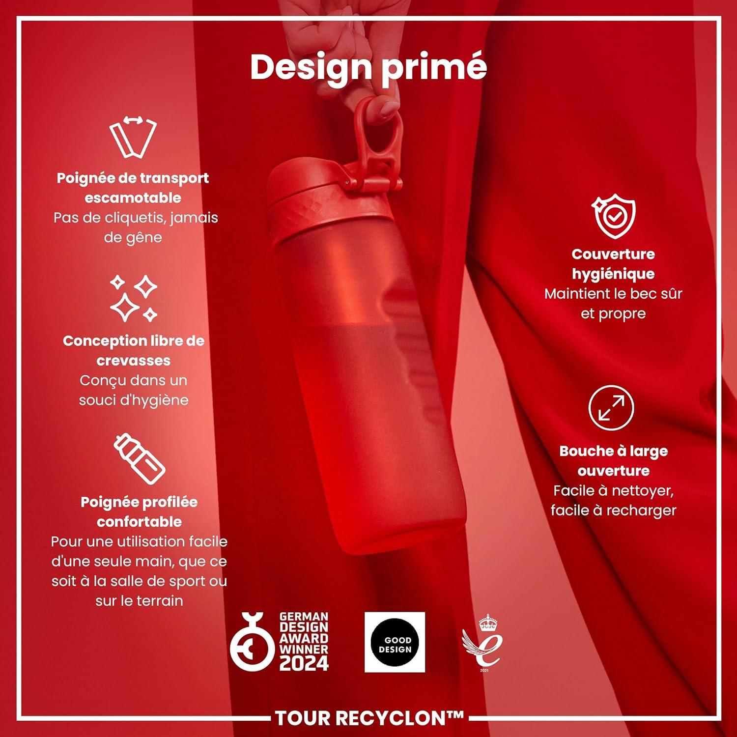 image:imageION8 Gourde 750 ml AntiFuite Sports Facile Ouvrir Verrouillage Scuris Lavable en Lavevaisselle Poigne de Transport Couvercle Rabattable Sans BPA Poigne ProfileRouge