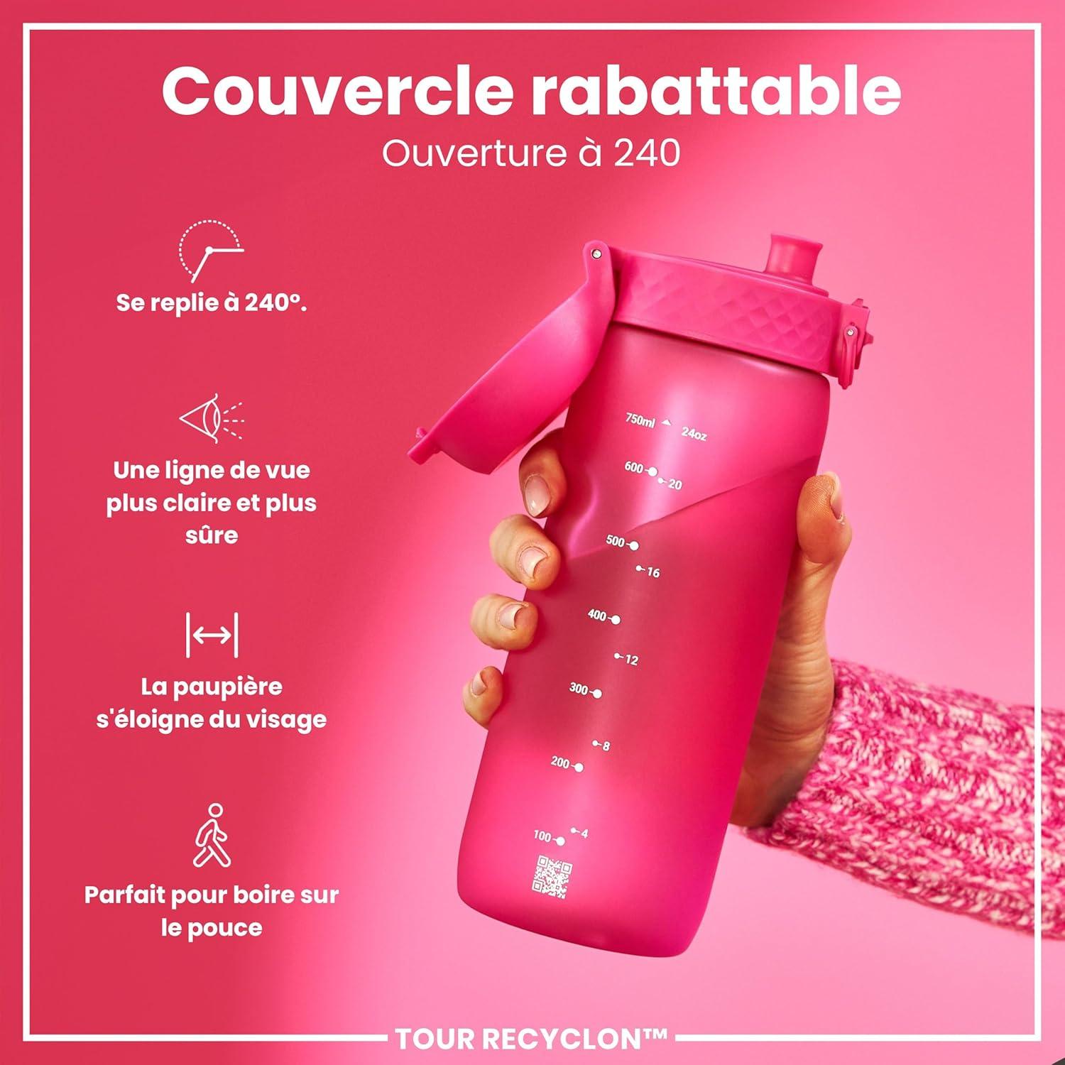 image:imageION8 Gourde 750 ml AntiFuite Sports Facile Ouvrir Verrouillage Scuris Lavable en Lavevaisselle Poigne de Transport Couvercle Rabattable Sans BPA Poigne ProfileRose