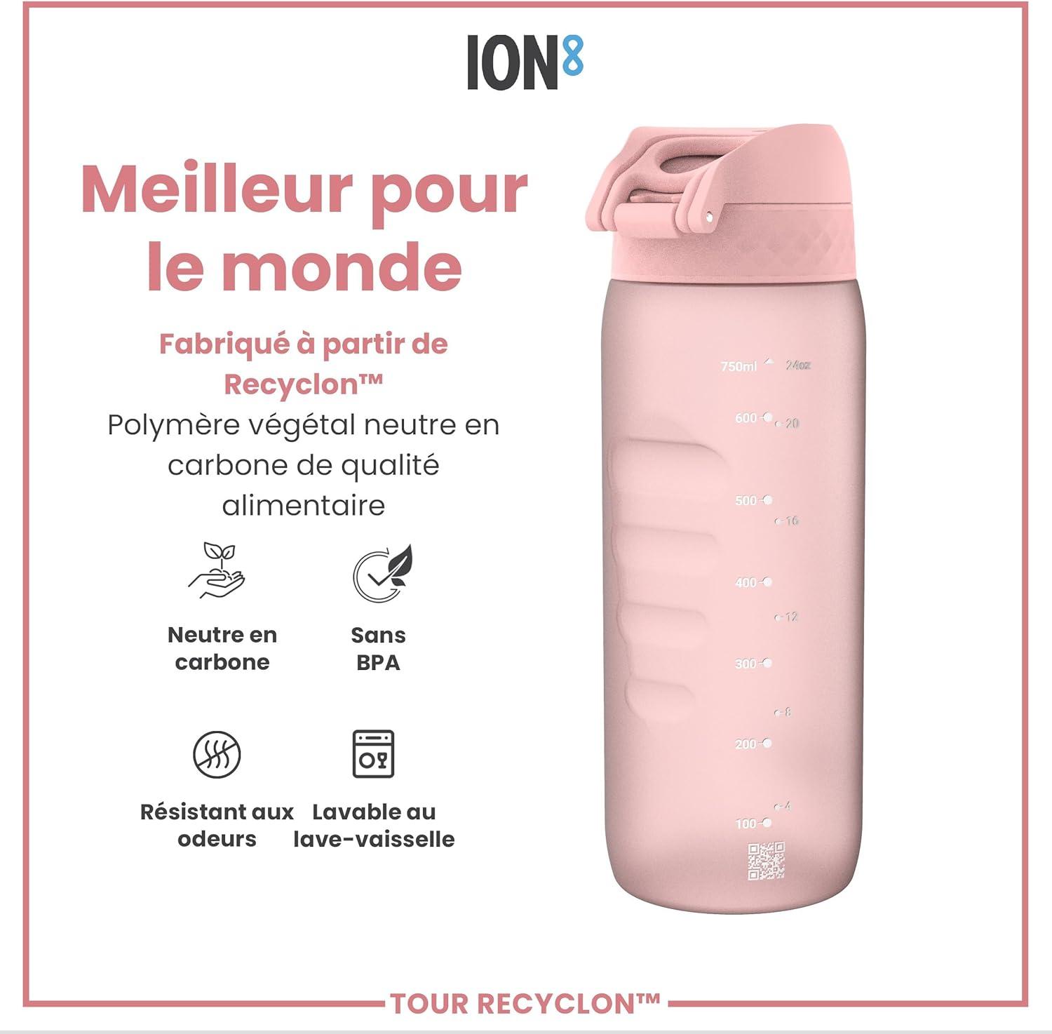 image:imageION8 Gourde 750 ml AntiFuite Sports Facile Ouvrir Verrouillage Scuris Lavable en Lavevaisselle Poigne de Transport Couvercle Rabattable Sans BPA Poigne ProfileRose Clair
