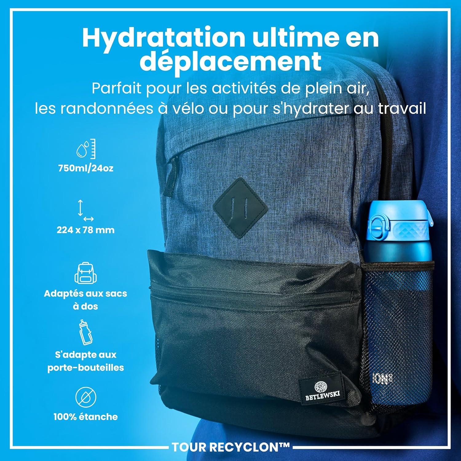 image:imageION8 Gourde 750 ml AntiFuite Sports Facile Ouvrir Verrouillage Scuris Lavable en Lavevaisselle Poigne de Transport Couvercle Rabattable Sans BPA Poigne ProfileBleu