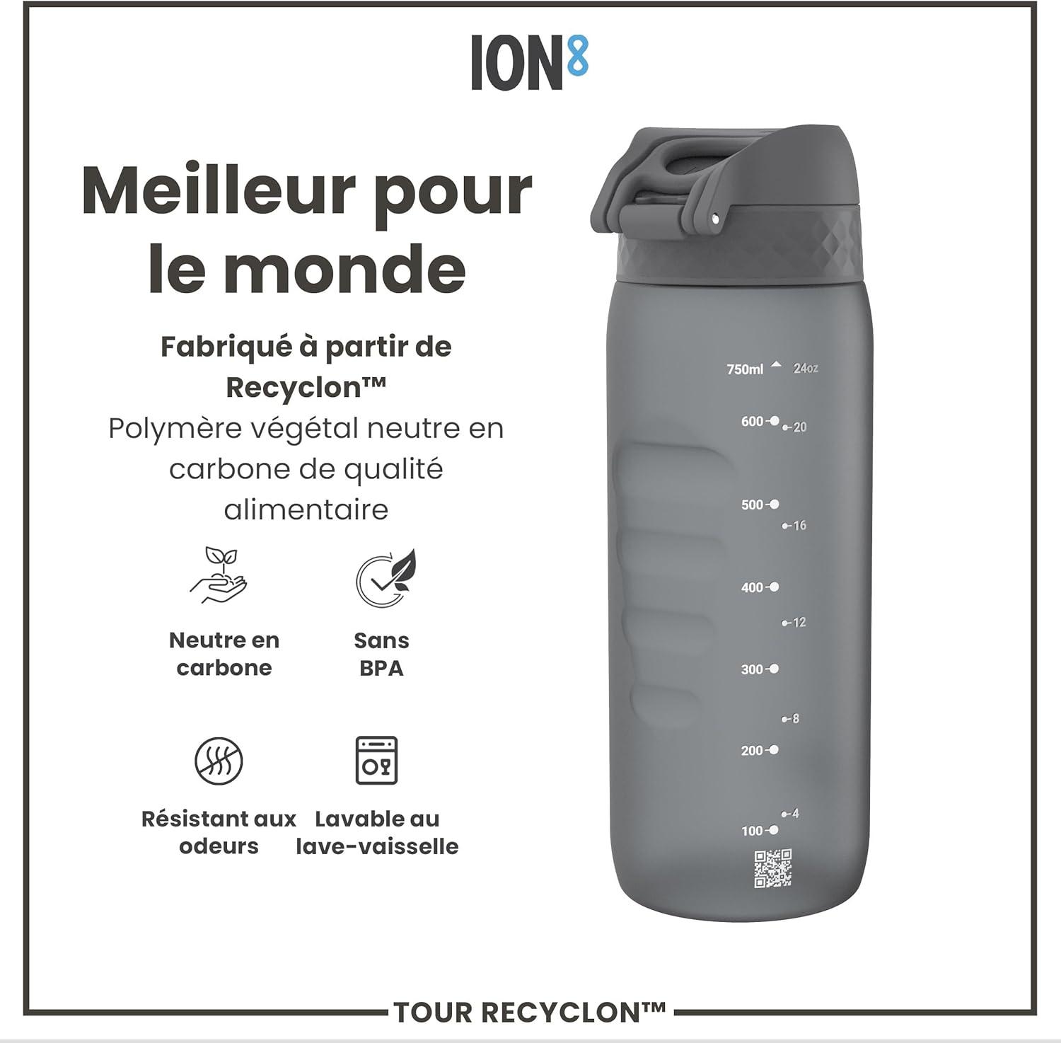 image:imageION8 Gourde 750 ml AntiFuite Sports Facile Ouvrir Verrouillage Scuris Lavable en Lavevaisselle Poigne de Transport Couvercle Rabattable Sans BPA Poigne ProfileGris