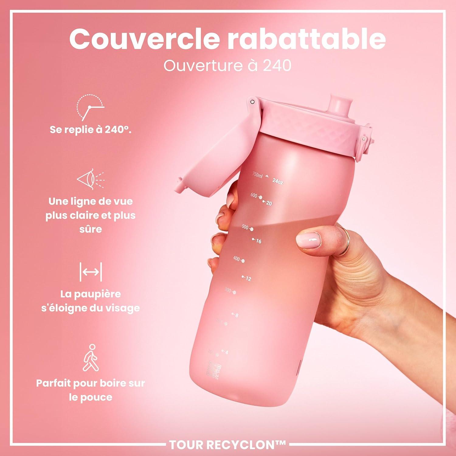 image:imageION8 Gourde 750 ml AntiFuite Sports Facile Ouvrir Verrouillage Scuris Lavable en Lavevaisselle Poigne de Transport Couvercle Rabattable Sans BPA Poigne ProfileRose Clair