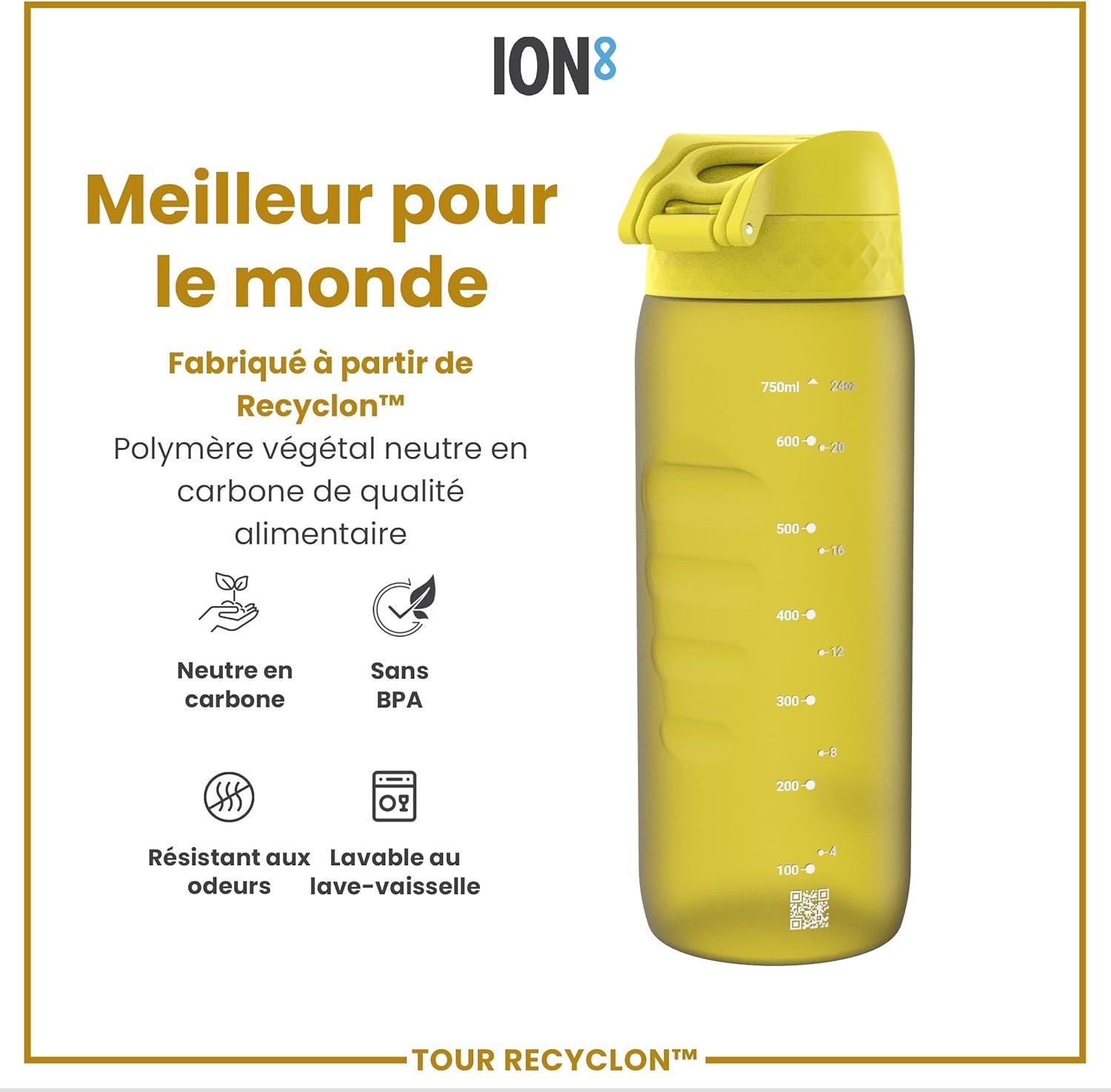 image:imageION8 Gourde 750 ml AntiFuite Sports Facile Ouvrir Verrouillage Scuris Lavable en Lavevaisselle Poigne de Transport Couvercle Rabattable Sans BPA Poigne ProfileJaune