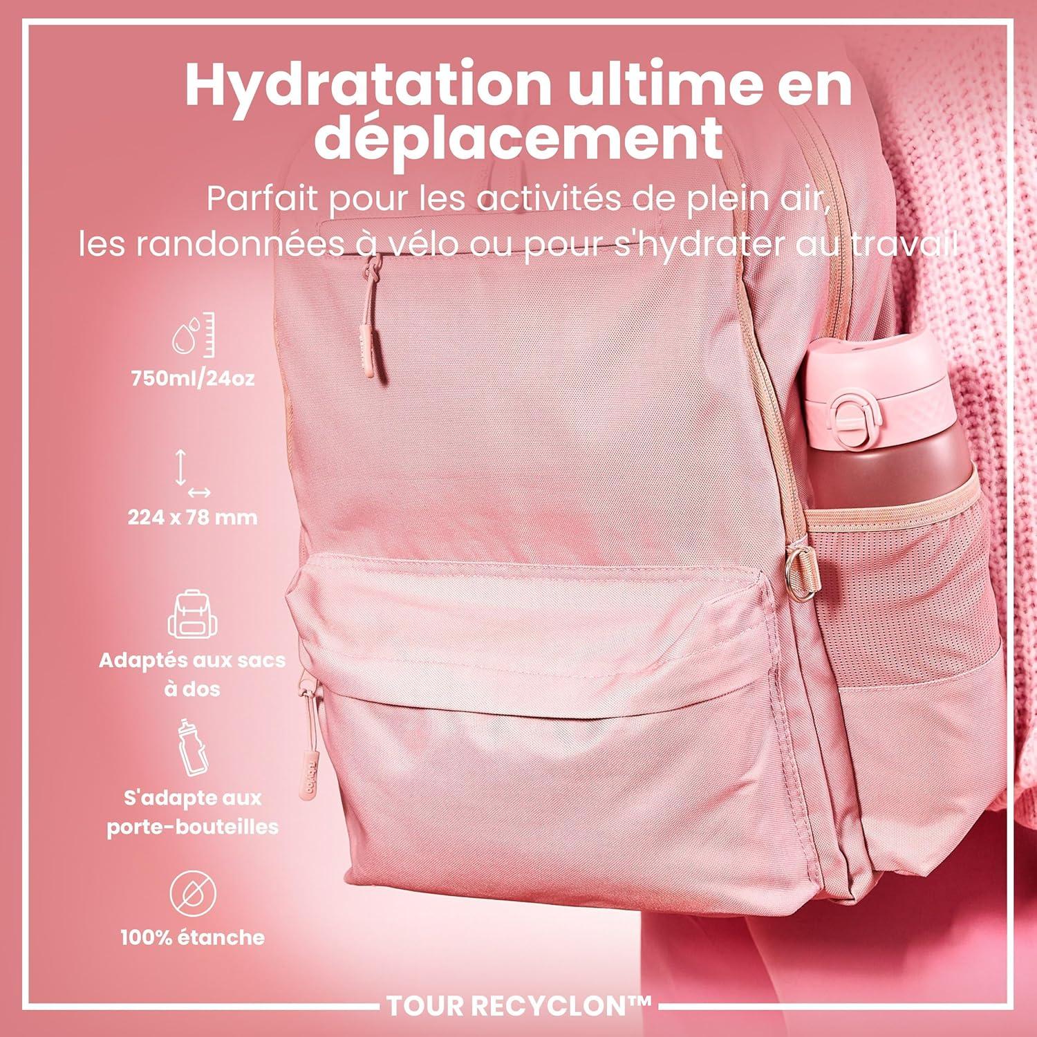 image:imageION8 Gourde 750 ml AntiFuite Sports Facile Ouvrir Verrouillage Scuris Lavable en Lavevaisselle Poigne de Transport Couvercle Rabattable Sans BPA Poigne ProfileRose Clair