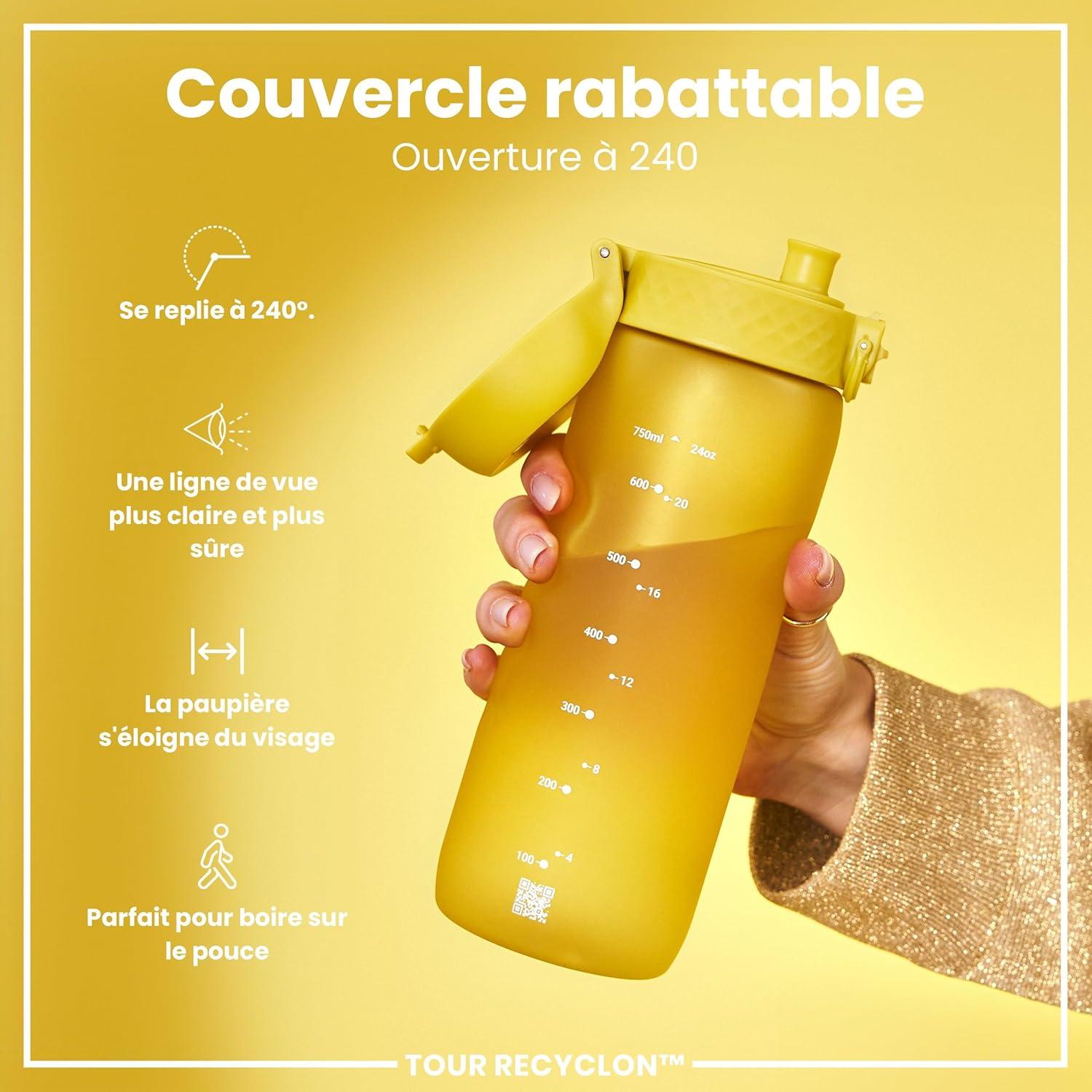 image:imageION8 Gourde 750 ml AntiFuite Sports Facile Ouvrir Verrouillage Scuris Lavable en Lavevaisselle Poigne de Transport Couvercle Rabattable Sans BPA Poigne ProfileJaune