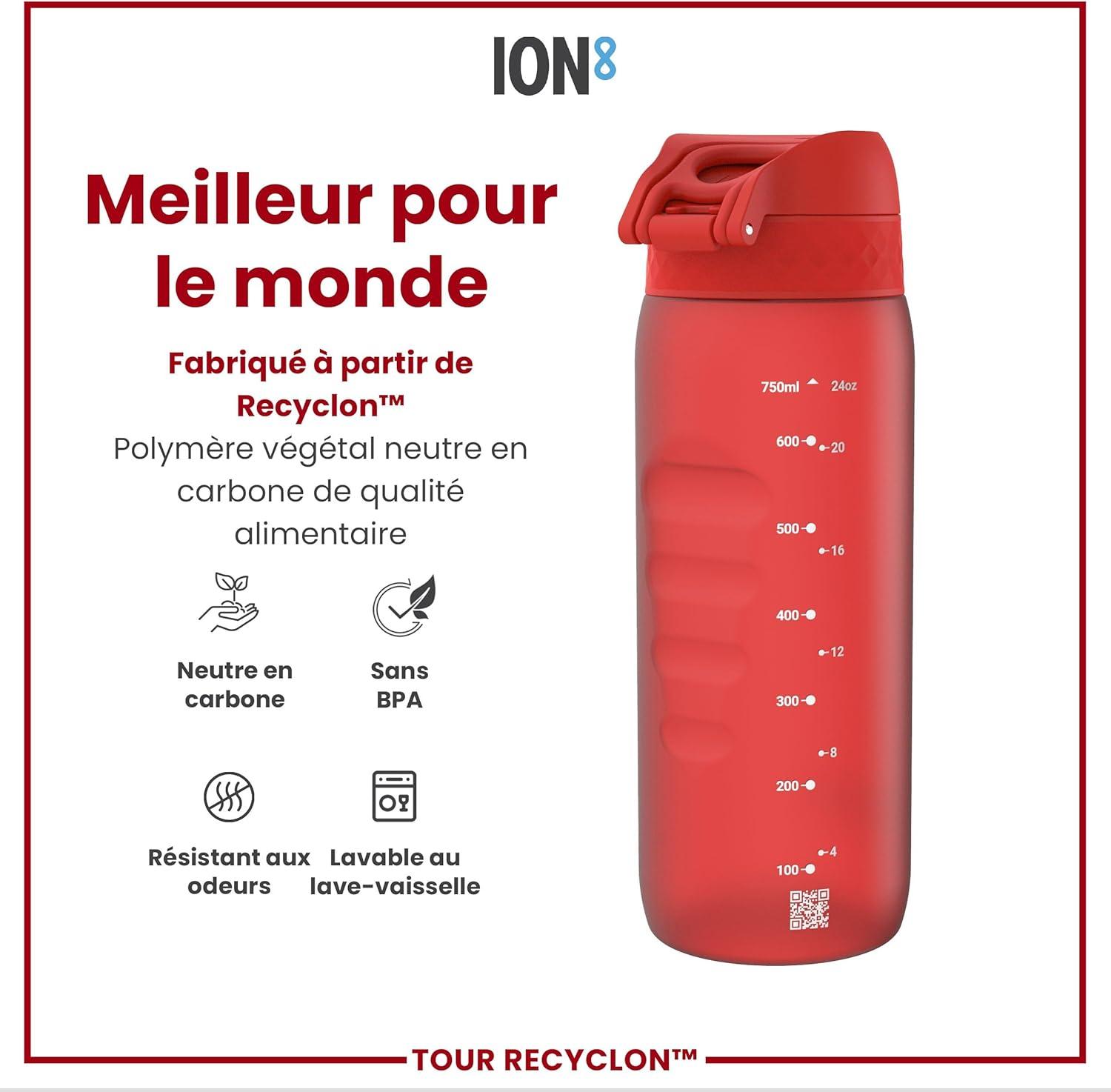 image:imageION8 Gourde 750 ml AntiFuite Sports Facile Ouvrir Verrouillage Scuris Lavable en Lavevaisselle Poigne de Transport Couvercle Rabattable Sans BPA Poigne ProfileRouge