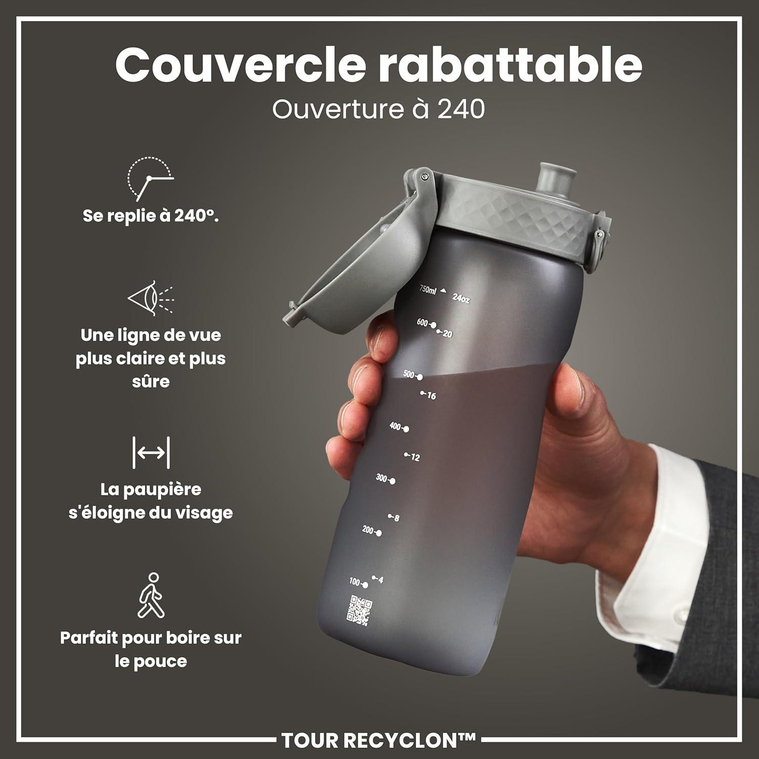 image:imageION8 Gourde 750 ml AntiFuite Sports Facile Ouvrir Verrouillage Scuris Lavable en Lavevaisselle Poigne de Transport Couvercle Rabattable Sans BPA Poigne ProfileGris