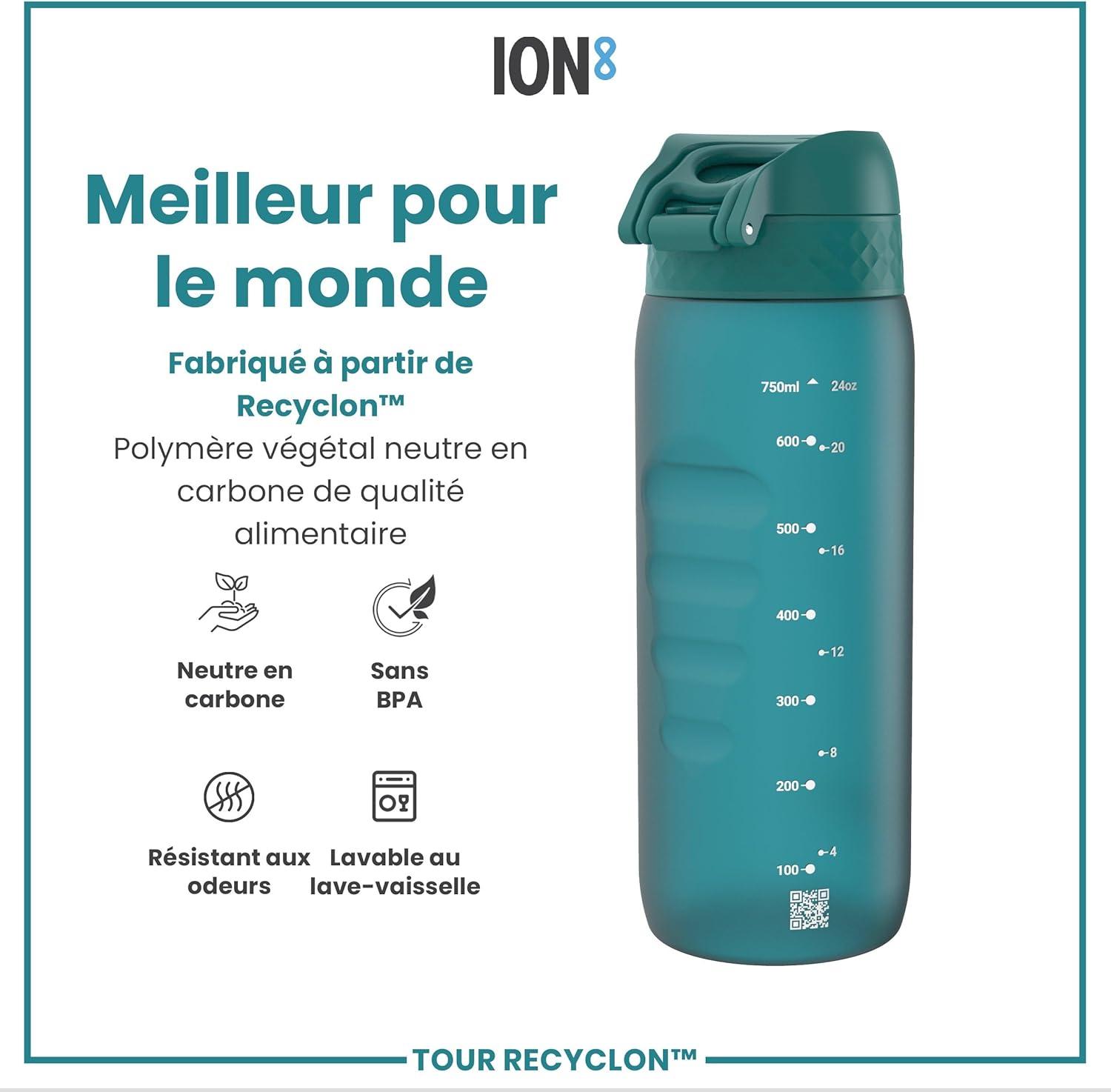 image:imageION8 Gourde 750 ml AntiFuite Sports Facile Ouvrir Verrouillage Scuris Lavable en Lavevaisselle Poigne de Transport Couvercle Rabattable Sans BPA Poigne ProfileAqua