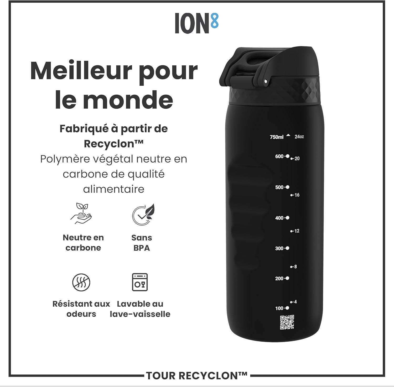 image:imageION8 Gourde 750 ml AntiFuite Sports Facile Ouvrir Verrouillage Scuris Lavable en Lavevaisselle Poigne de Transport Couvercle Rabattable Sans BPA Poigne ProfileNoir