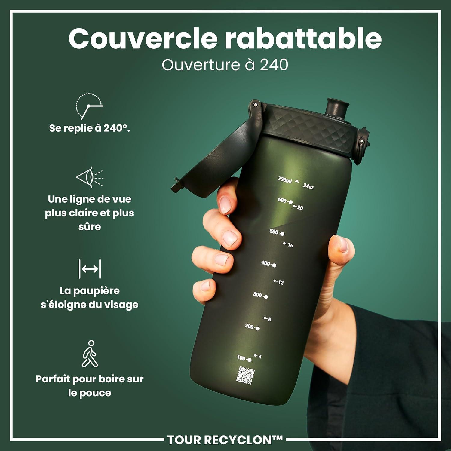 image:imageION8 Gourde 750 ml AntiFuite Sports Facile Ouvrir Verrouillage Scuris Lavable en Lavevaisselle Poigne de Transport Couvercle Rabattable Sans BPA Poigne ProfileVert Fonc