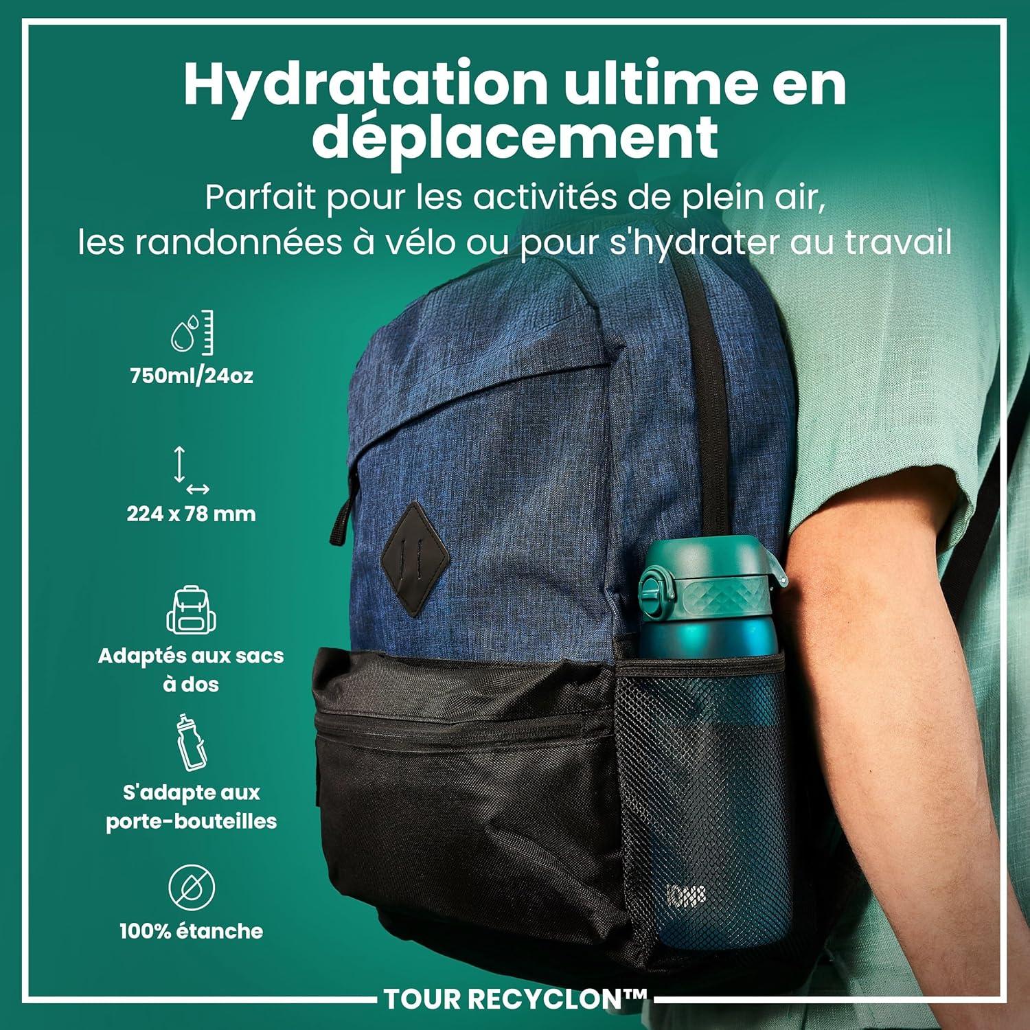image:imageION8 Gourde 750 ml AntiFuite Sports Facile Ouvrir Verrouillage Scuris Lavable en Lavevaisselle Poigne de Transport Couvercle Rabattable Sans BPA Poigne ProfileAqua