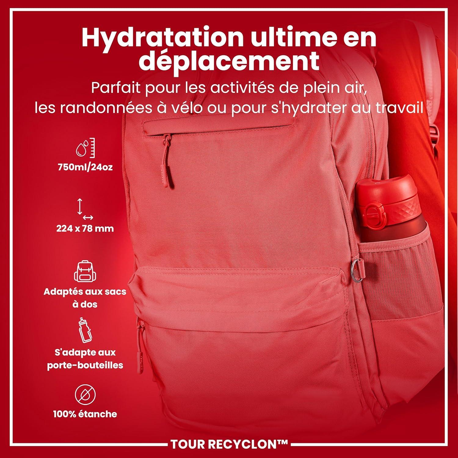 image:imageION8 Gourde 750 ml AntiFuite Sports Facile Ouvrir Verrouillage Scuris Lavable en Lavevaisselle Poigne de Transport Couvercle Rabattable Sans BPA Poigne ProfileRouge