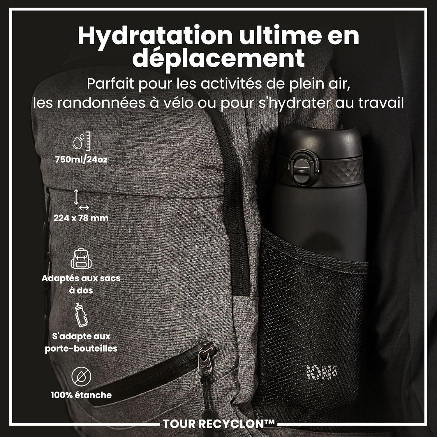image:imageION8 Gourde 750 ml AntiFuite Sports Facile Ouvrir Verrouillage Scuris Lavable en Lavevaisselle Poigne de Transport Couvercle Rabattable Sans BPA Poigne ProfileNoir