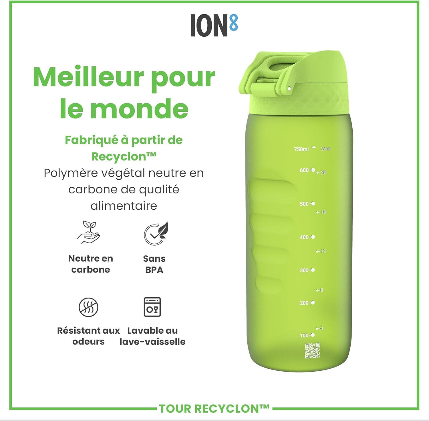 image:imageION8 Gourde 750 ml AntiFuite Sports Facile Ouvrir Verrouillage Scuris Lavable en Lavevaisselle Poigne de Transport Couvercle Rabattable Sans BPA Poigne ProfileVert
