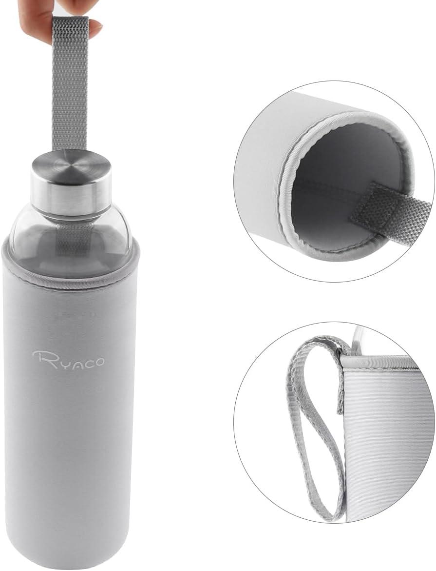 image:imageRyaco Bouteille deau en verre de 550ml18oz sans BPA Bouteille en borosilicate antifuiteIdale pour maison les voyages le sport le yoga la gym les boissons chaudes et froides avecGris Clair