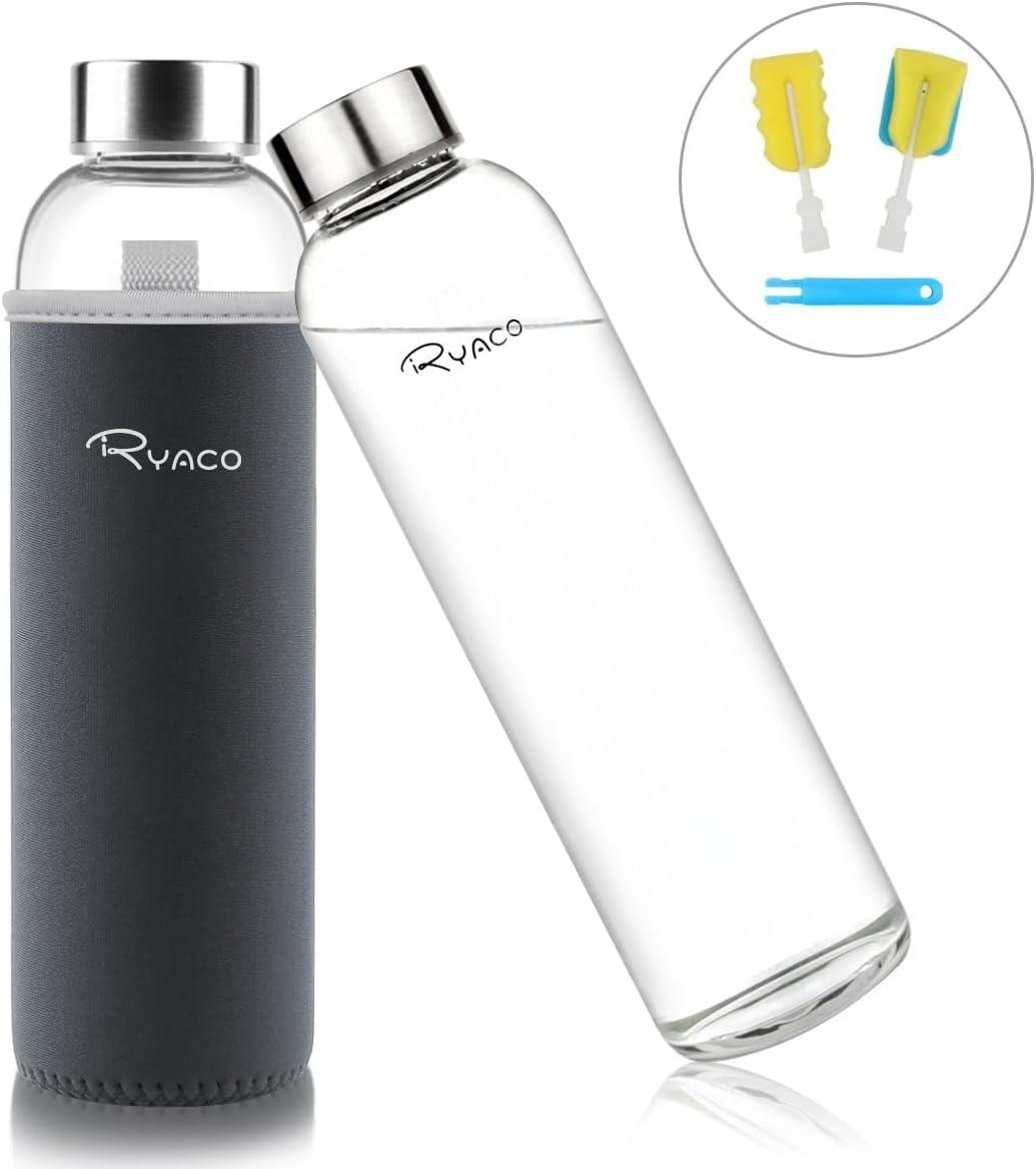 image:imageRyaco Bouteille deau en verre de 550ml18oz sans BPA Bouteille en borosilicate antifuiteIdale pour maison les voyages le sport le yoga la gym les boissons chaudes et froides avecGris Fonc