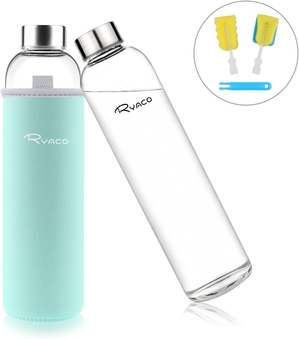 image:imageRyaco Bouteille deau en verre de 550ml18oz sans BPA Bouteille en borosilicate antifuiteIdale pour maison les voyages le sport le yoga la gym les boissons chaudes et froides avecMenthe Verte