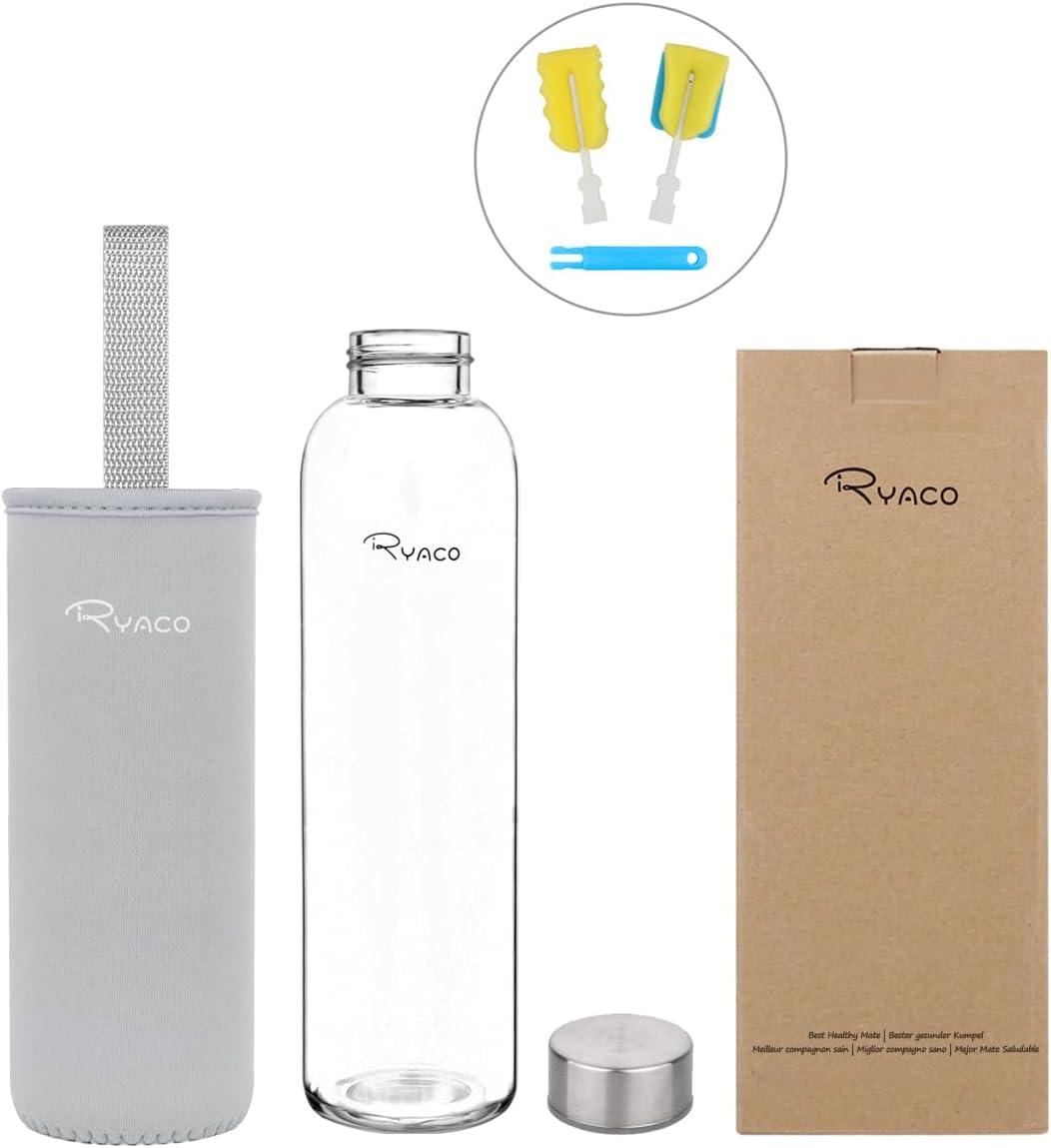 image:imageRyaco Bouteille deau en verre de 550ml18oz sans BPA Bouteille en borosilicate antifuiteIdale pour maison les voyages le sport le yoga la gym les boissons chaudes et froides avecGris Clair
