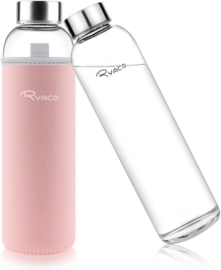 image:imageRyaco Bouteille deau en verre de 550ml18oz sans BPA Bouteille en borosilicate antifuiteIdale pour maison les voyages le sport le yoga la gym les boissons chaudes et froides avecRose