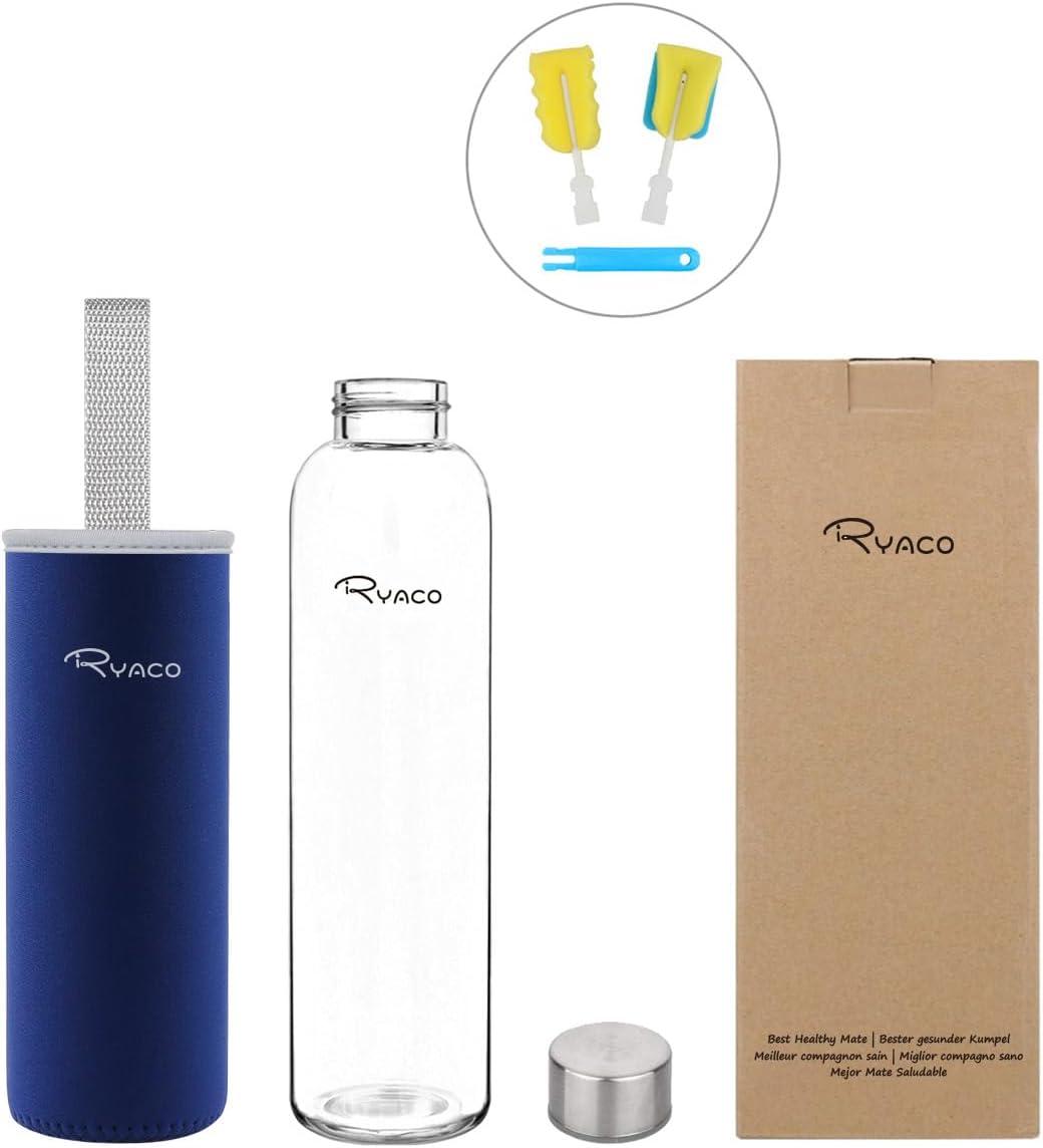 image:imageRyaco Bouteille deau en verre de 550ml18oz sans BPA Bouteille en borosilicate antifuiteIdale pour maison les voyages le sport le yoga la gym les boissons chaudes et froides avecSaphir