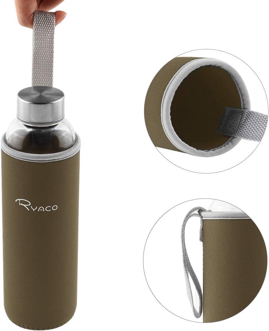 image:imageRyaco Bouteille deau en verre de 550ml18oz sans BPA Bouteille en borosilicate antifuiteIdale pour maison les voyages le sport le yoga la gym les boissons chaudes et froides avecCaf Lger