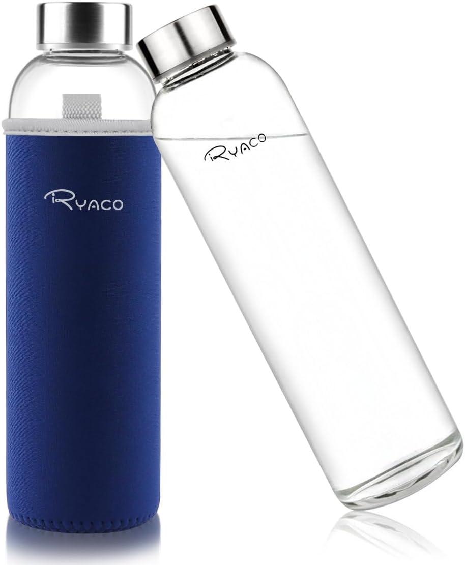 image:imageRyaco Bouteille deau en verre de 550ml18oz sans BPA Bouteille en borosilicate antifuiteIdale pour maison les voyages le sport le yoga la gym les boissons chaudes et froides avecSaphir