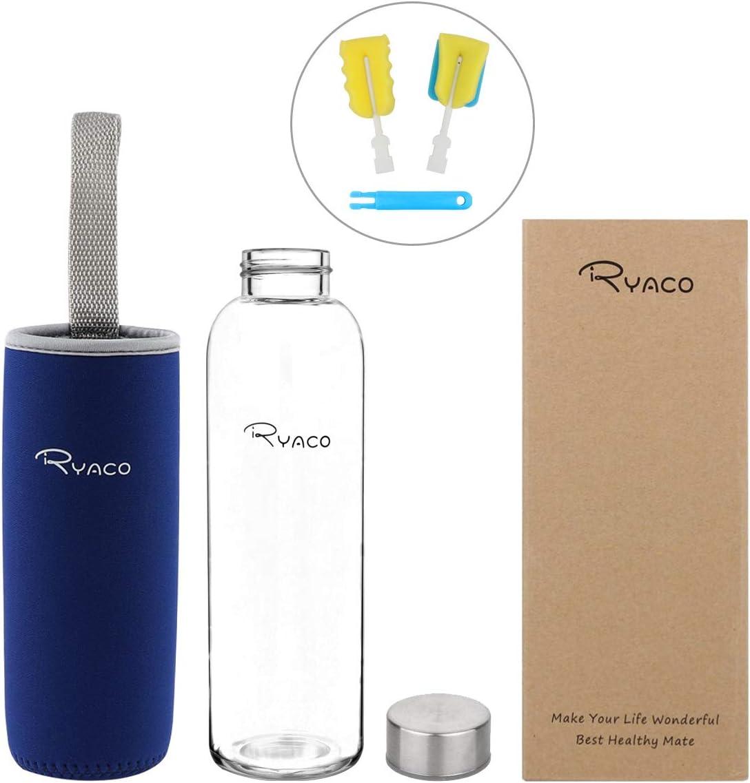 image:imageRyaco Bouteille deau en verre de 550ml18oz sans BPA Bouteille en borosilicate antifuiteIdale pour maison les voyages le sport le yoga la gym les boissons chaudes et froides avecSaphir