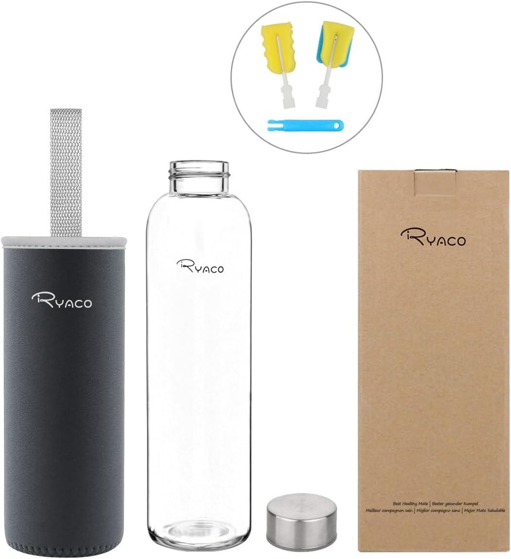 image:imageRyaco Bouteille deau en verre de 550ml18oz sans BPA Bouteille en borosilicate antifuiteIdale pour maison les voyages le sport le yoga la gym les boissons chaudes et froides avecGris Fonc