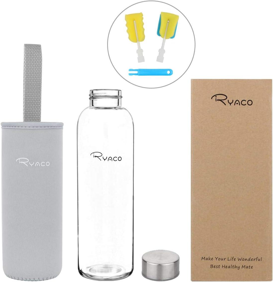 image:imageRyaco Bouteille deau en verre de 550ml18oz sans BPA Bouteille en borosilicate antifuiteIdale pour maison les voyages le sport le yoga la gym les boissons chaudes et froides avecGris Clair