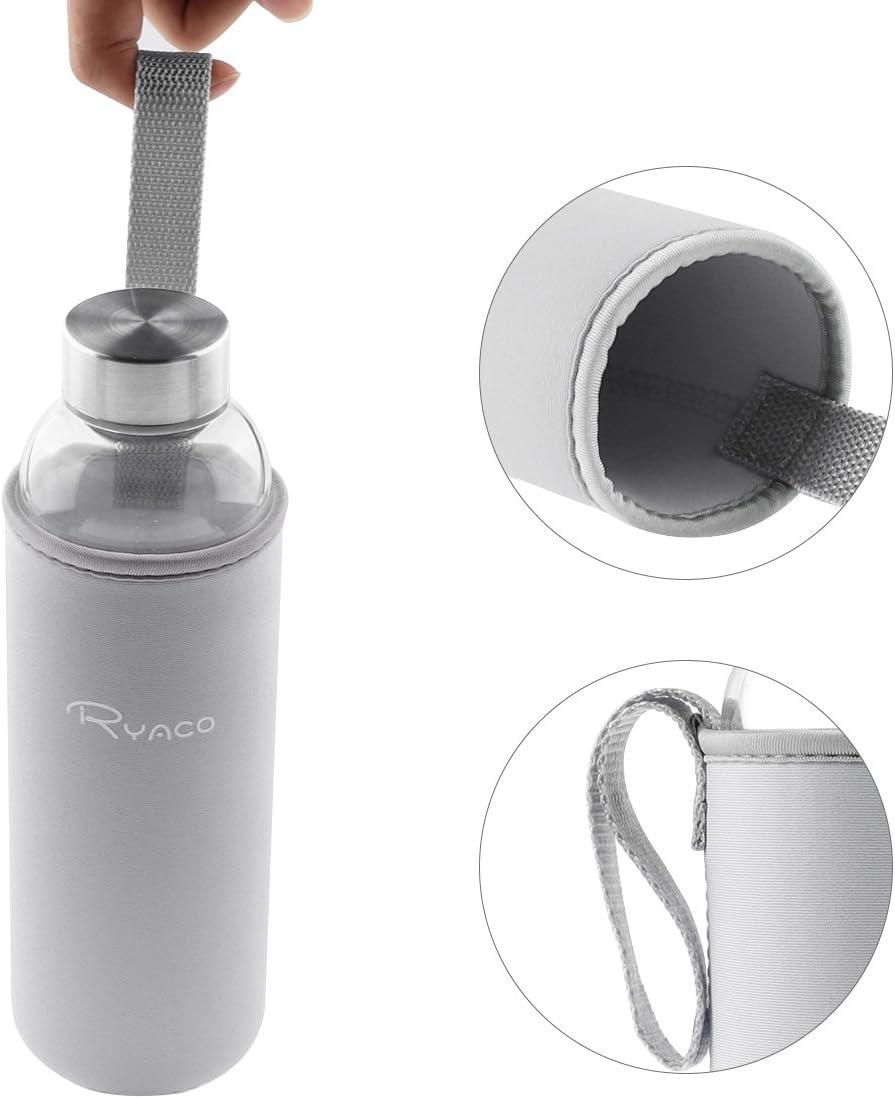 image:imageRyaco Bouteille deau en verre de 550ml18oz sans BPA Bouteille en borosilicate antifuiteIdale pour maison les voyages le sport le yoga la gym les boissons chaudes et froides avecGris Clair