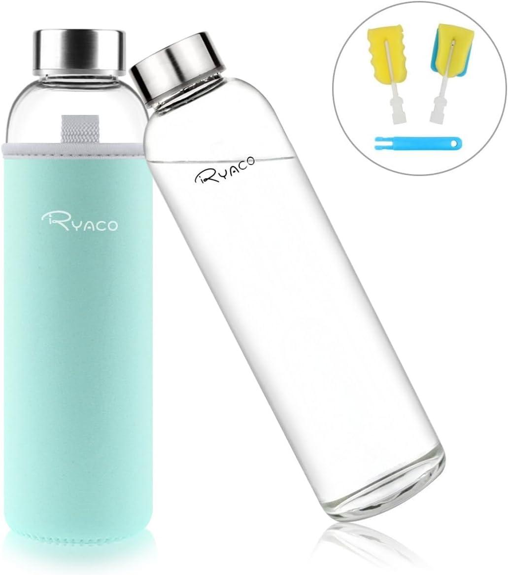 image:imageRyaco Bouteille deau en verre de 550ml18oz sans BPA Bouteille en borosilicate antifuiteIdale pour maison les voyages le sport le yoga la gym les boissons chaudes et froides avecMenthe Verte