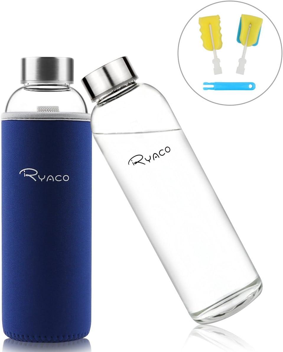 image:imageRyaco Bouteille deau en verre de 550ml18oz sans BPA Bouteille en borosilicate antifuiteIdale pour maison les voyages le sport le yoga la gym les boissons chaudes et froides avecSaphir