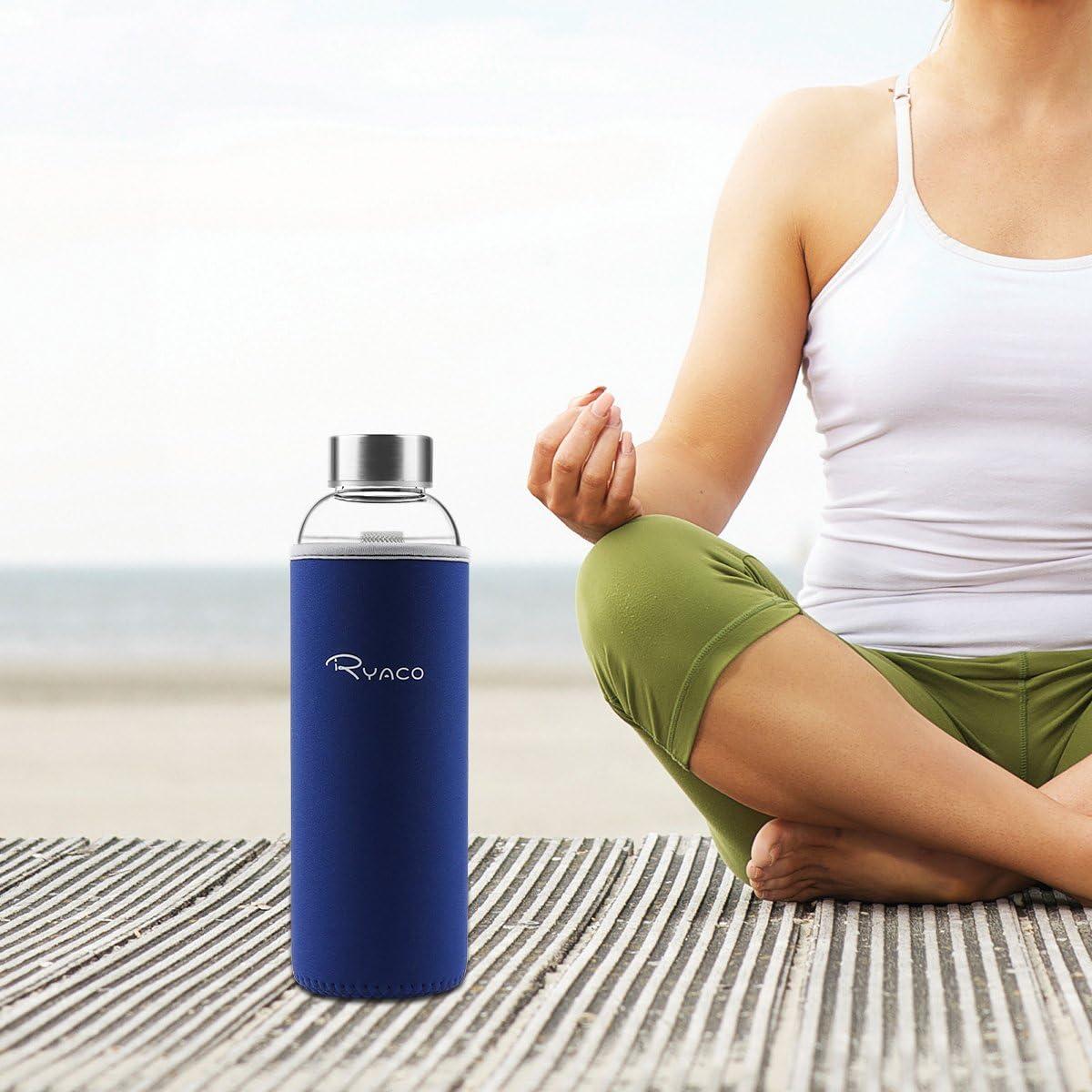 image:imageRyaco Bouteille deau en verre de 550ml18oz sans BPA Bouteille en borosilicate antifuiteIdale pour maison les voyages le sport le yoga la gym les boissons chaudes et froides avecSaphir