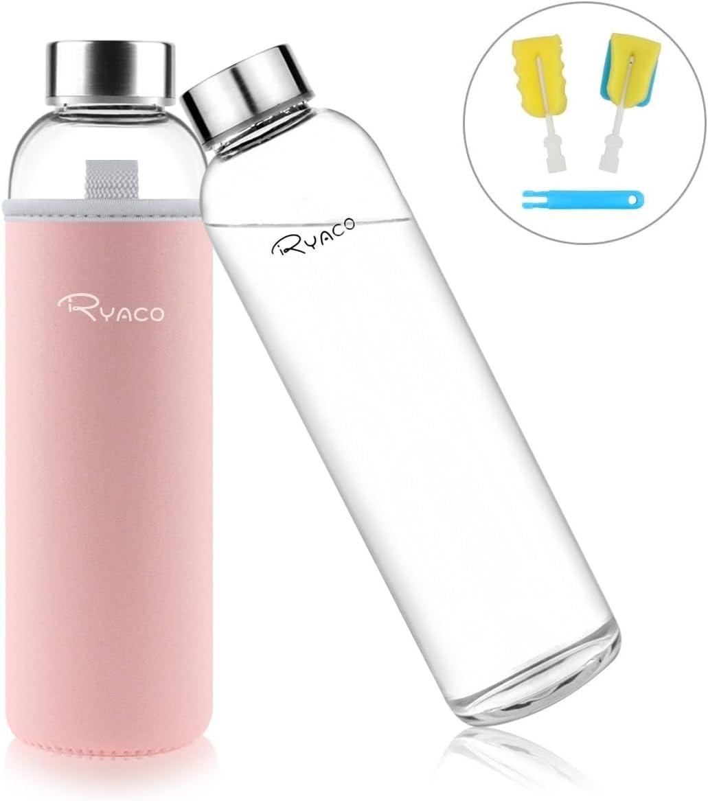 image:imageRyaco Bouteille deau en verre de 550ml18oz sans BPA Bouteille en borosilicate antifuiteIdale pour maison les voyages le sport le yoga la gym les boissons chaudes et froides avecRose