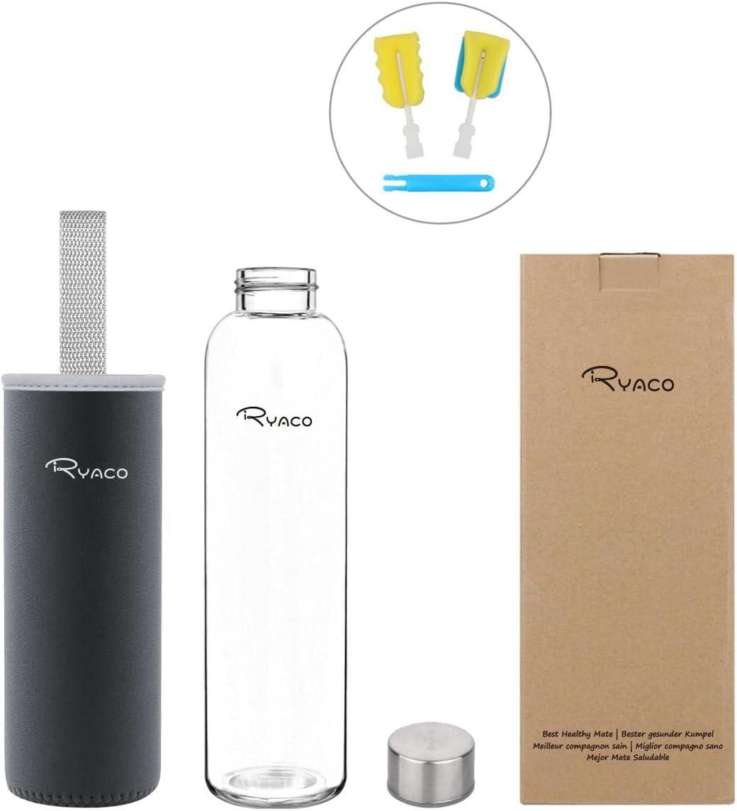 image:imageRyaco Bouteille deau en verre de 550ml18oz sans BPA Bouteille en borosilicate antifuiteIdale pour maison les voyages le sport le yoga la gym les boissons chaudes et froides avecGris Fonc
