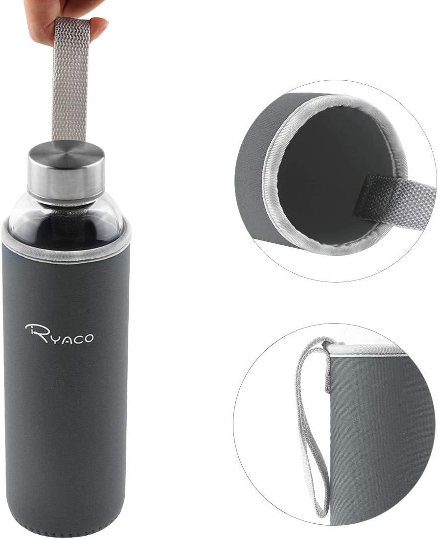 image:imageRyaco Bouteille deau en verre de 550ml18oz sans BPA Bouteille en borosilicate antifuiteIdale pour maison les voyages le sport le yoga la gym les boissons chaudes et froides avecGris Fonc